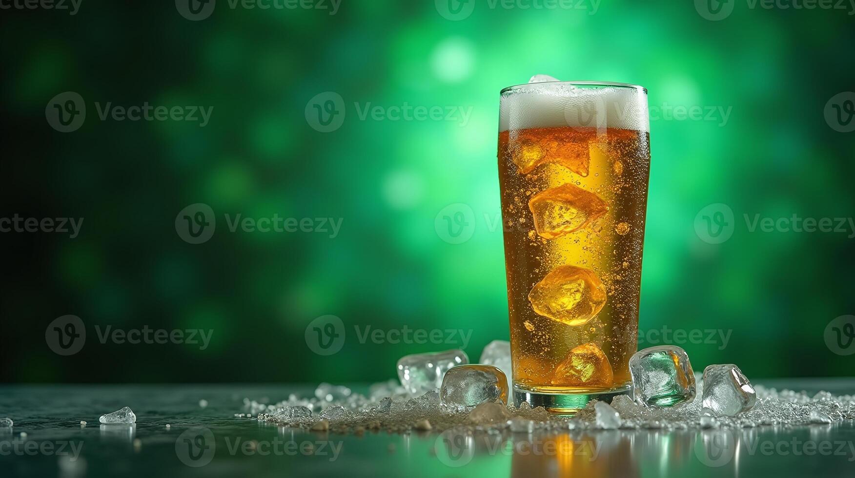 A glass of beer with ice cubes on a dark surface. photo