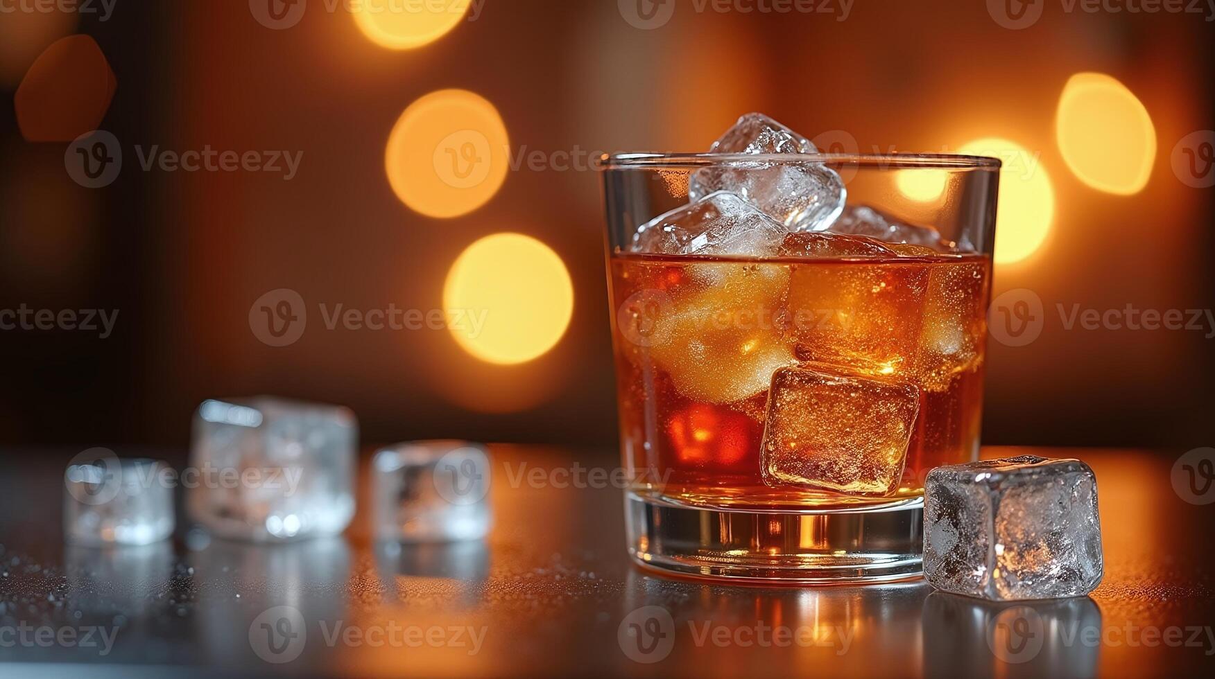 An elegant glass of amber-hued beverage, garnished with ice cubes, set against a softly illuminated backdrop. photo