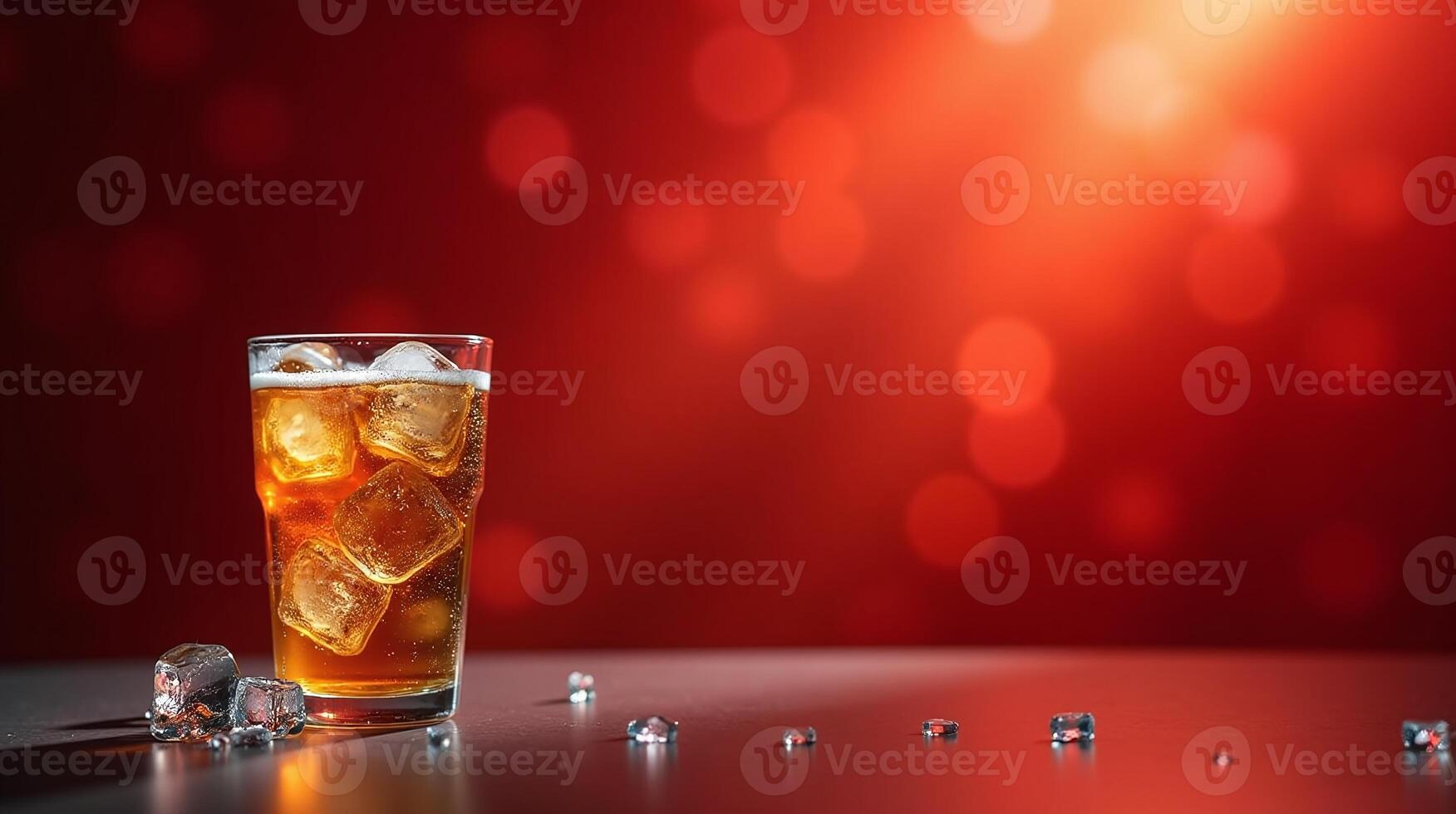 A glass filled with ice and a beverage, set against a vibrant red background with bokeh lights. photo