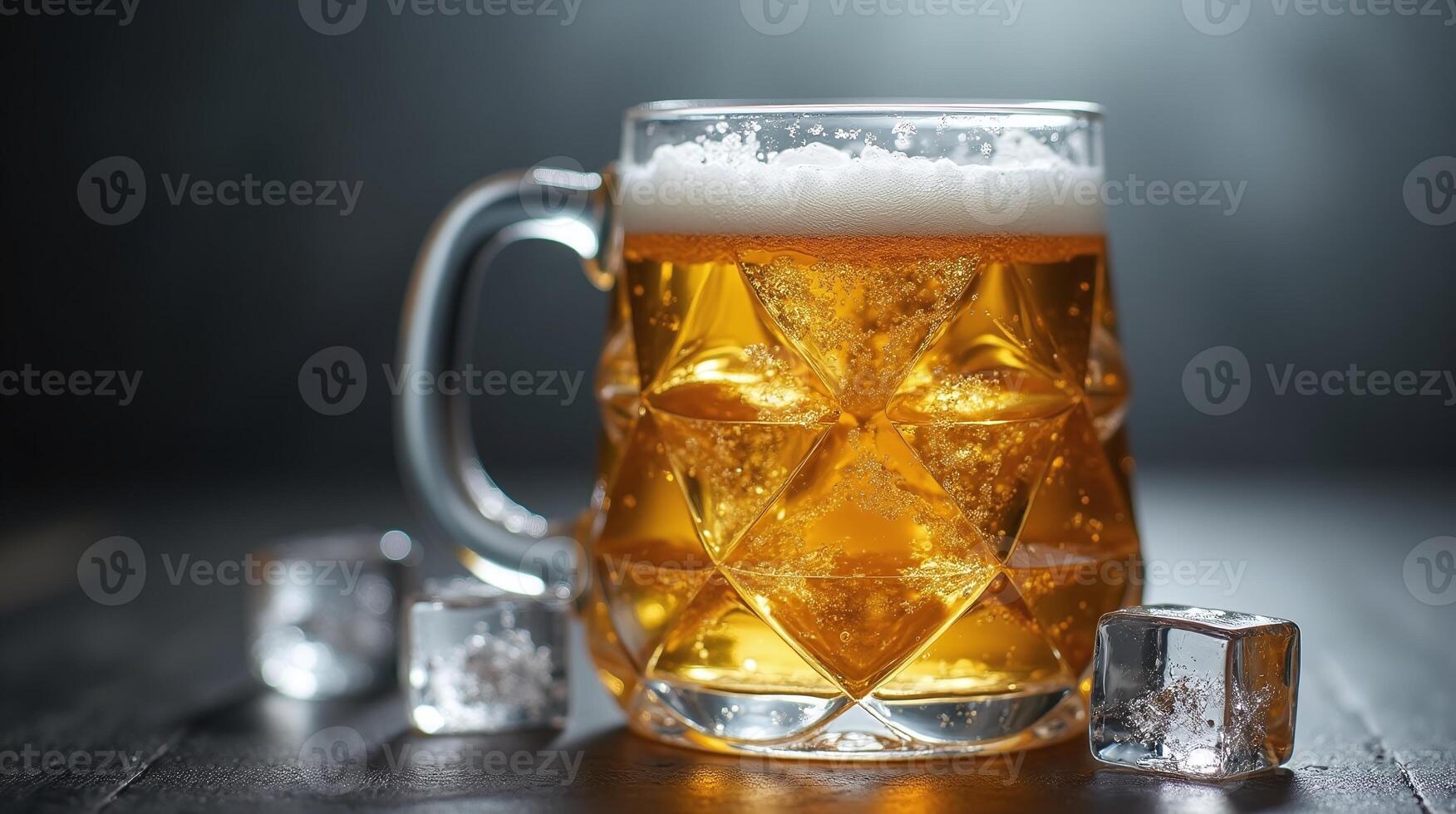 A crystal-clear mug filled with golden beer, accompanied by two sparkling ice cubes. photo