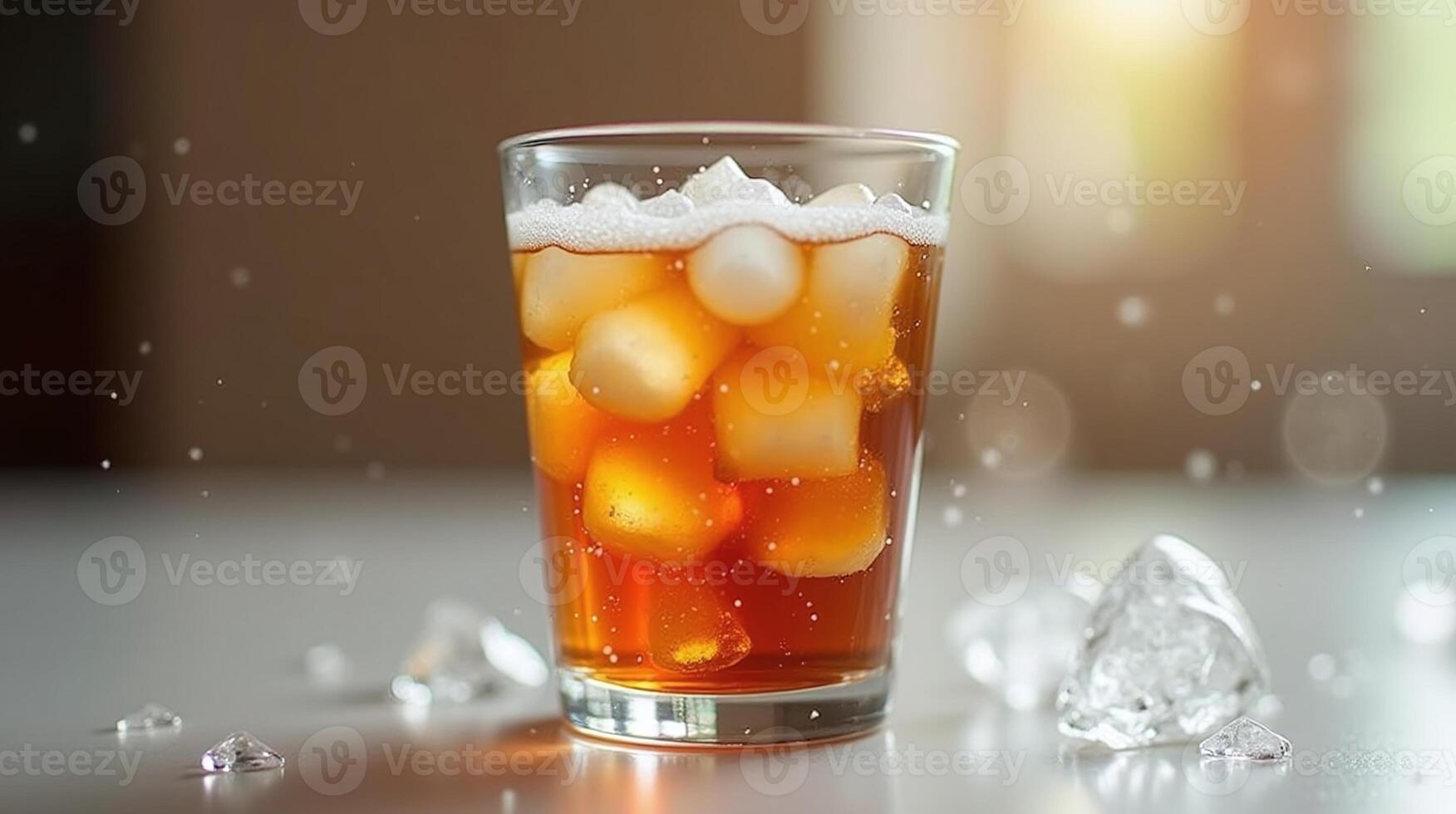 A refreshing cold beverage with ice cubes and bubbles. photo
