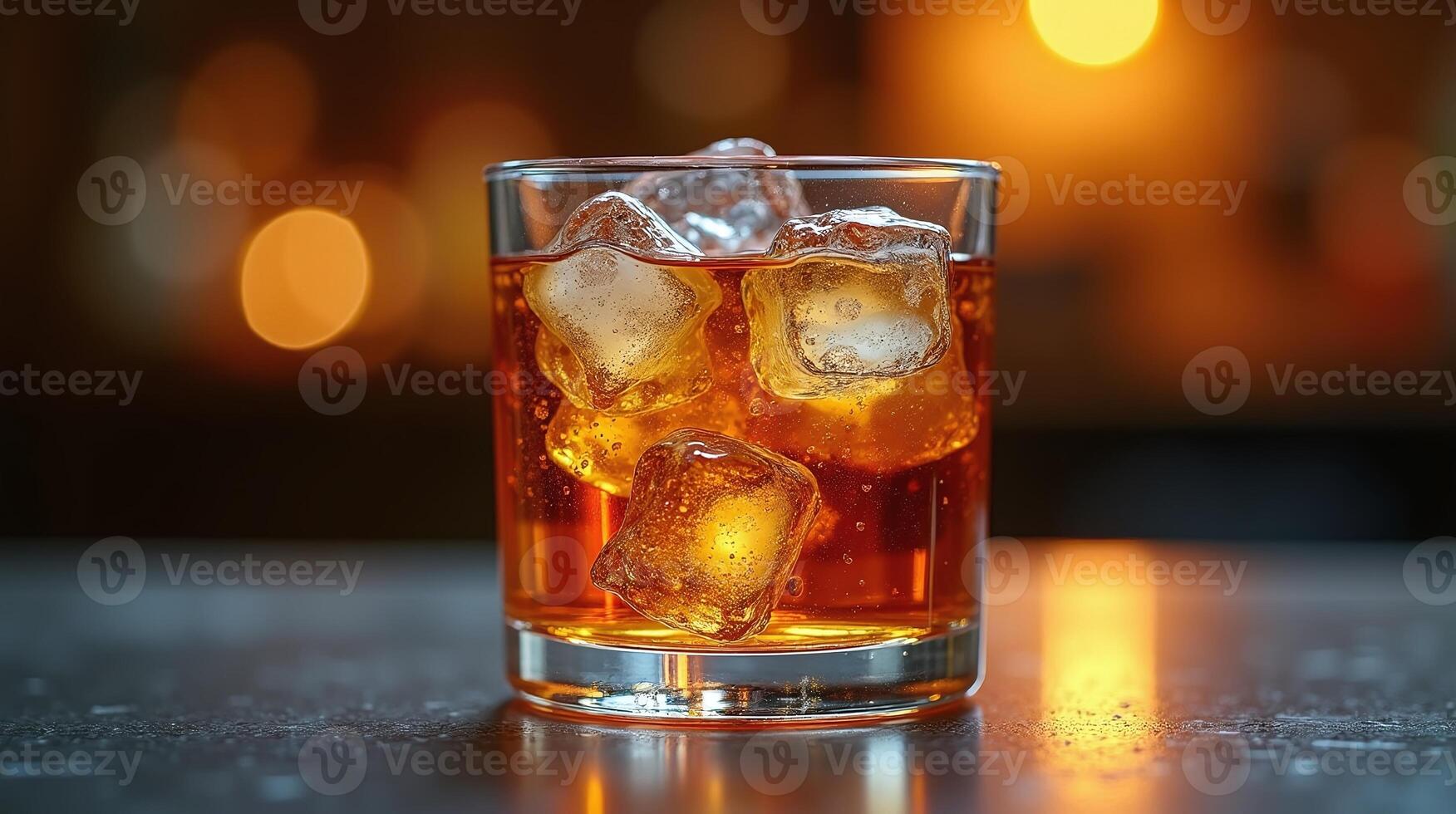 A glass of amber-colored beverage with ice cubes amidst a blurred, warm backdrop. photo