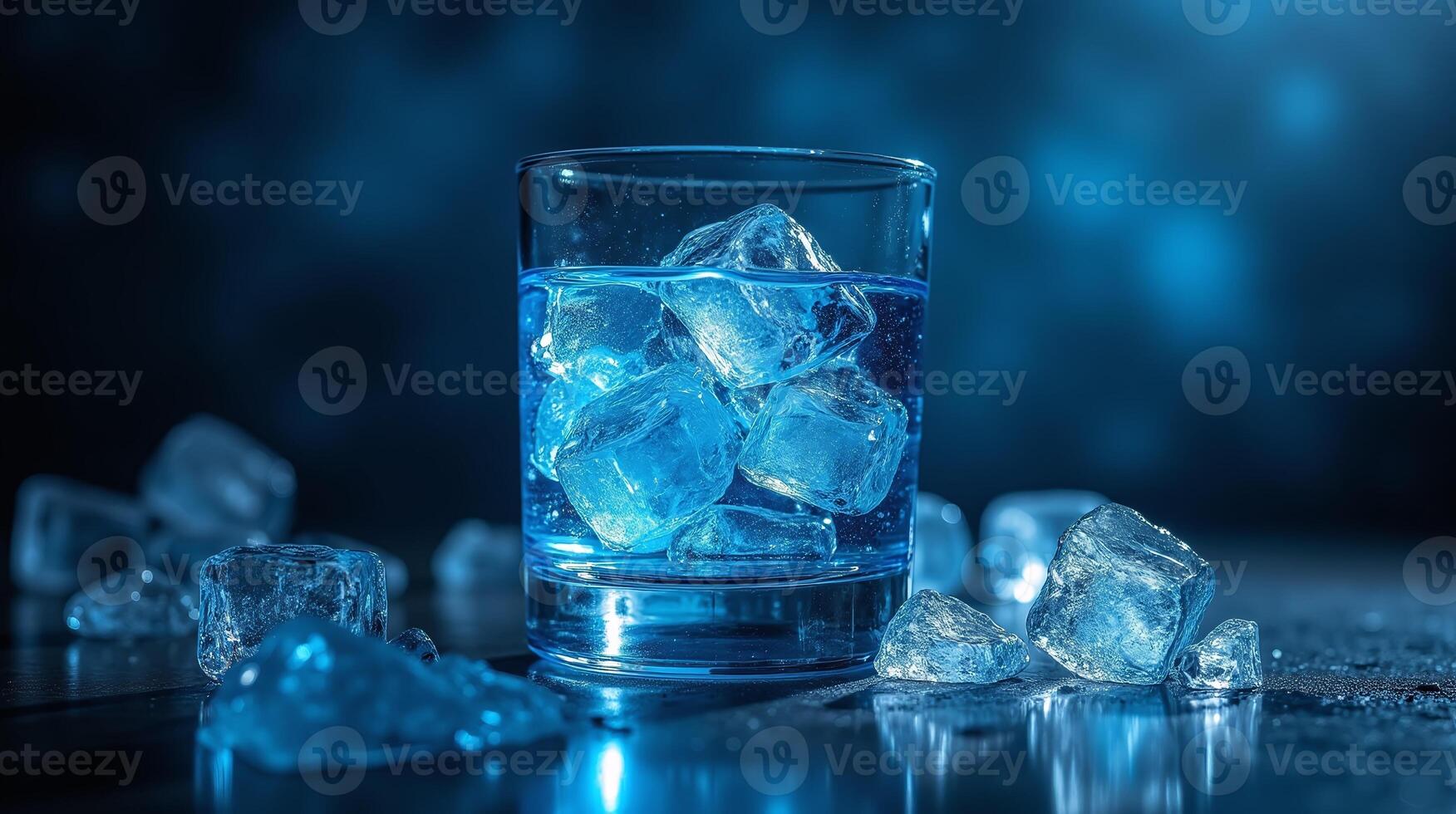 Glass of water adorned with ice cubes, set against a dark, bokeh background. photo