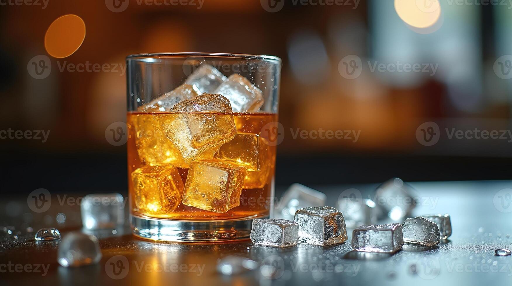 A glass of amber-colored liquid, filled with ice cubes and set against a blurred backdrop. photo