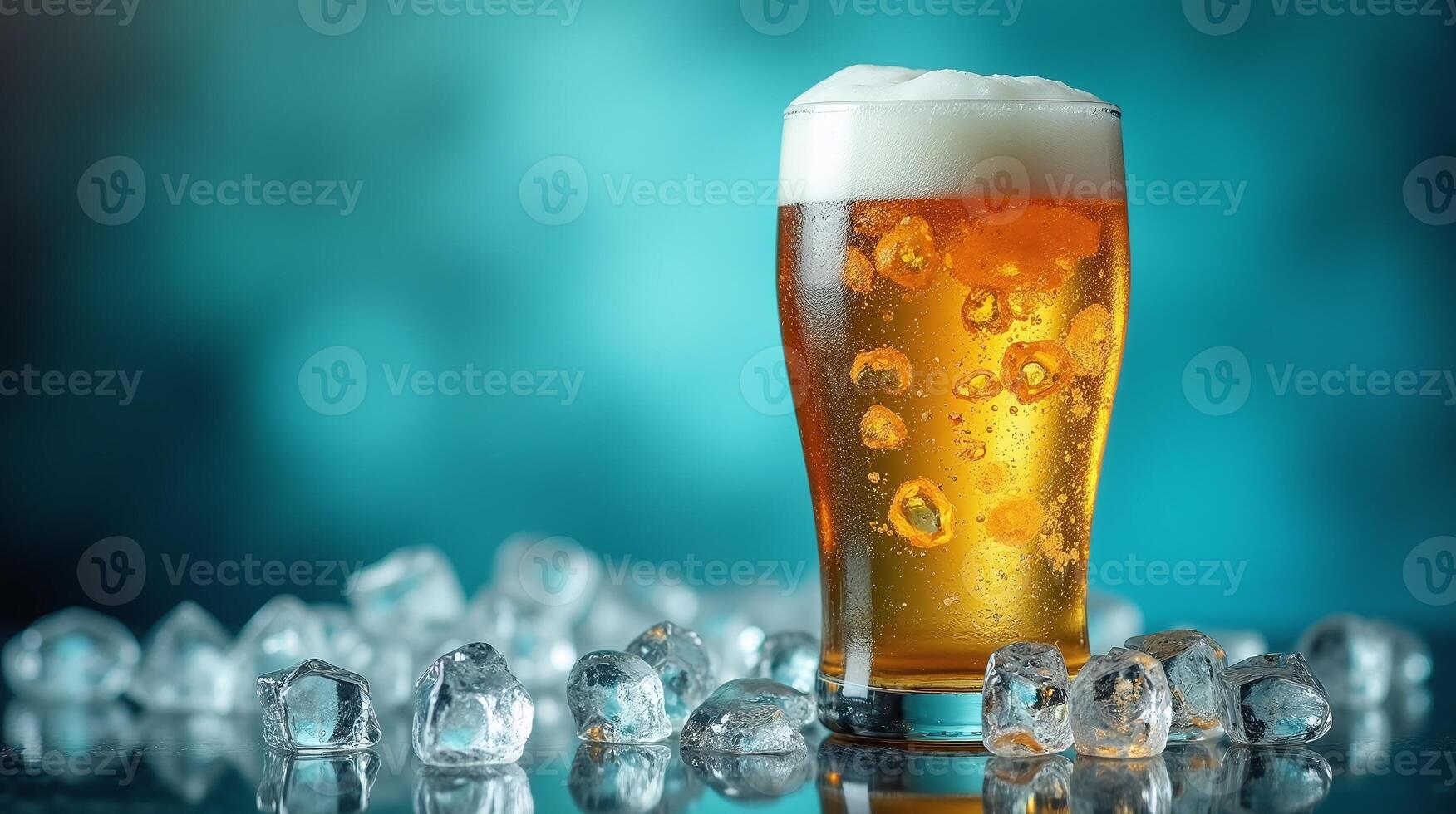An elegant glass filled with frothy amber beverage, surrounded by icy cubes against a shimmering background. photo