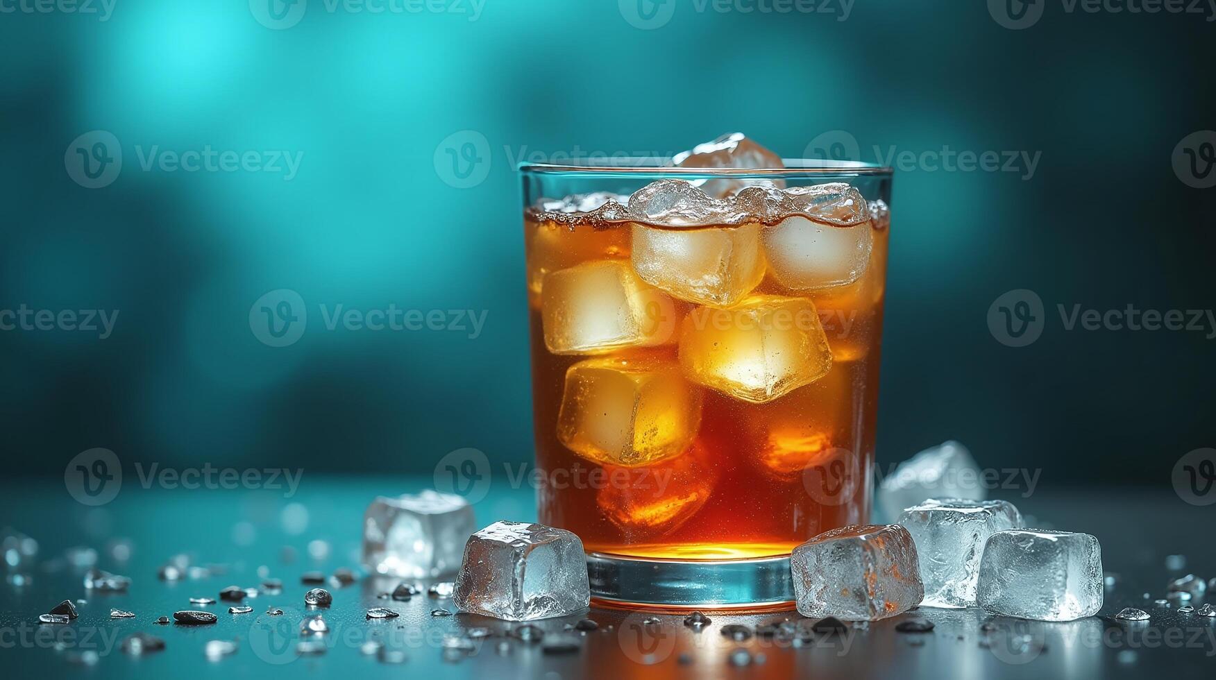 A refreshing beverage with ice cubes, set against a serene, muted backdrop. photo