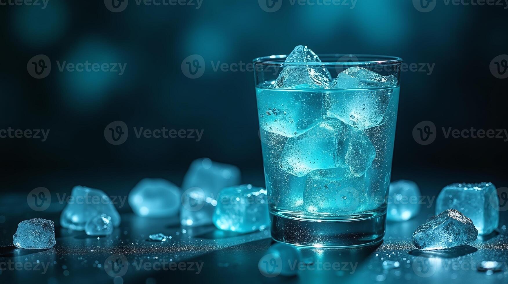 A glass filled with sparkling ice cubes, set against a dark, bokeh background. photo