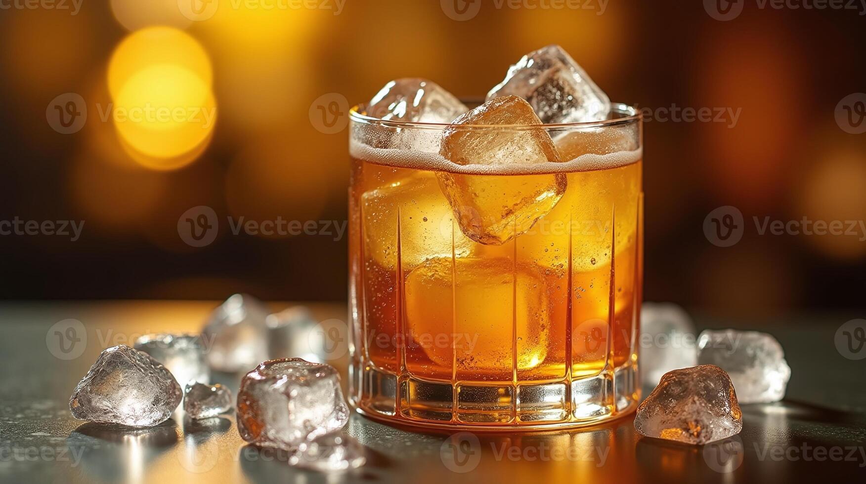 A glass of amber liquid with ice cubes, against a blurred golden backdrop. photo