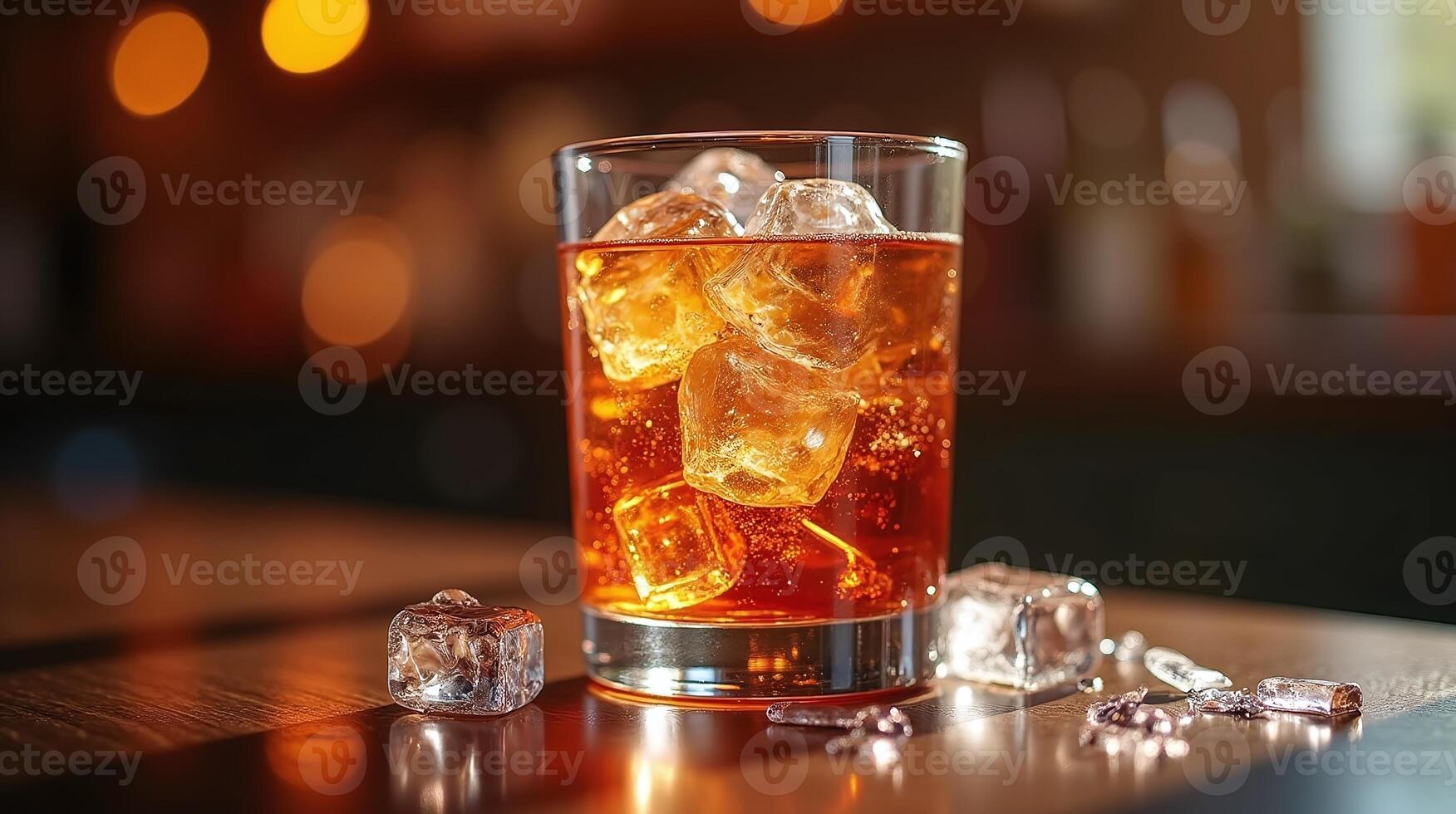 A glass of amber liquid with ice cubes, set against an opulent backdrop. photo