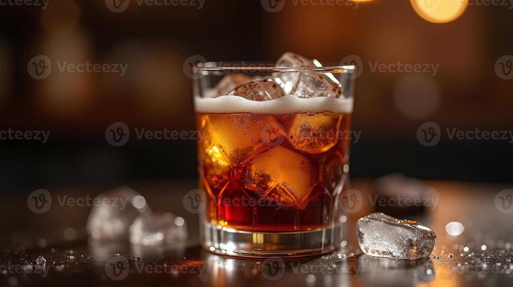 Clear glass filled with amber liquid, ice cubes and foam. photo