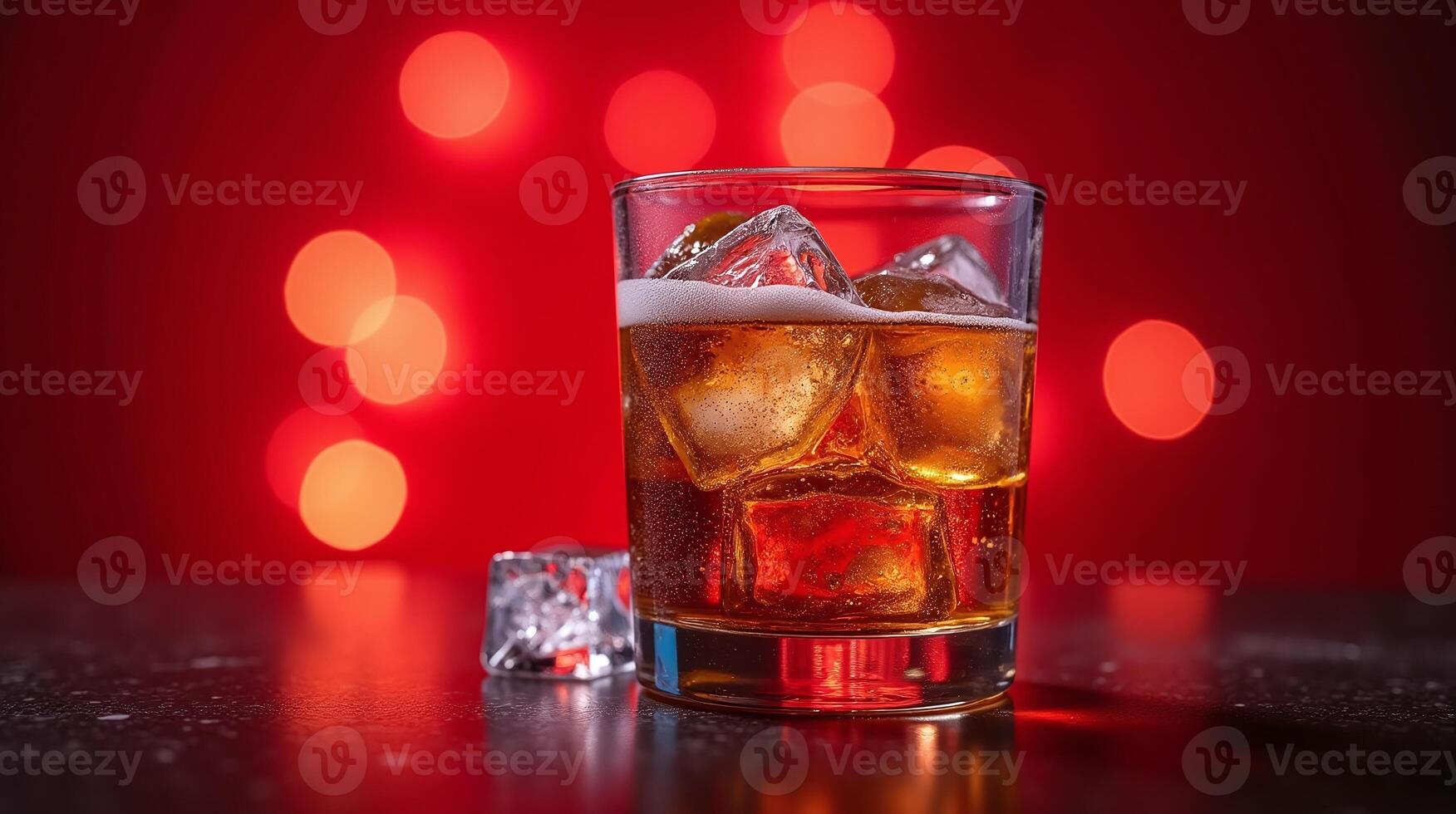 A glass of whiskey with ice cubes against a bokeh background. photo