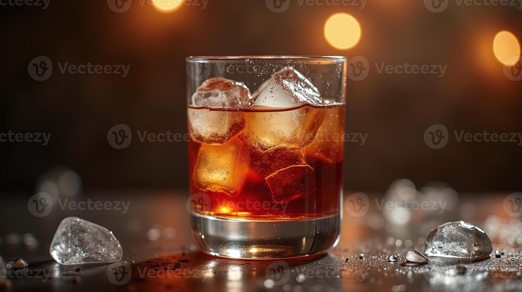 A glass of amber-colored beverage with ice cubes, set against a warm, illuminated background. photo