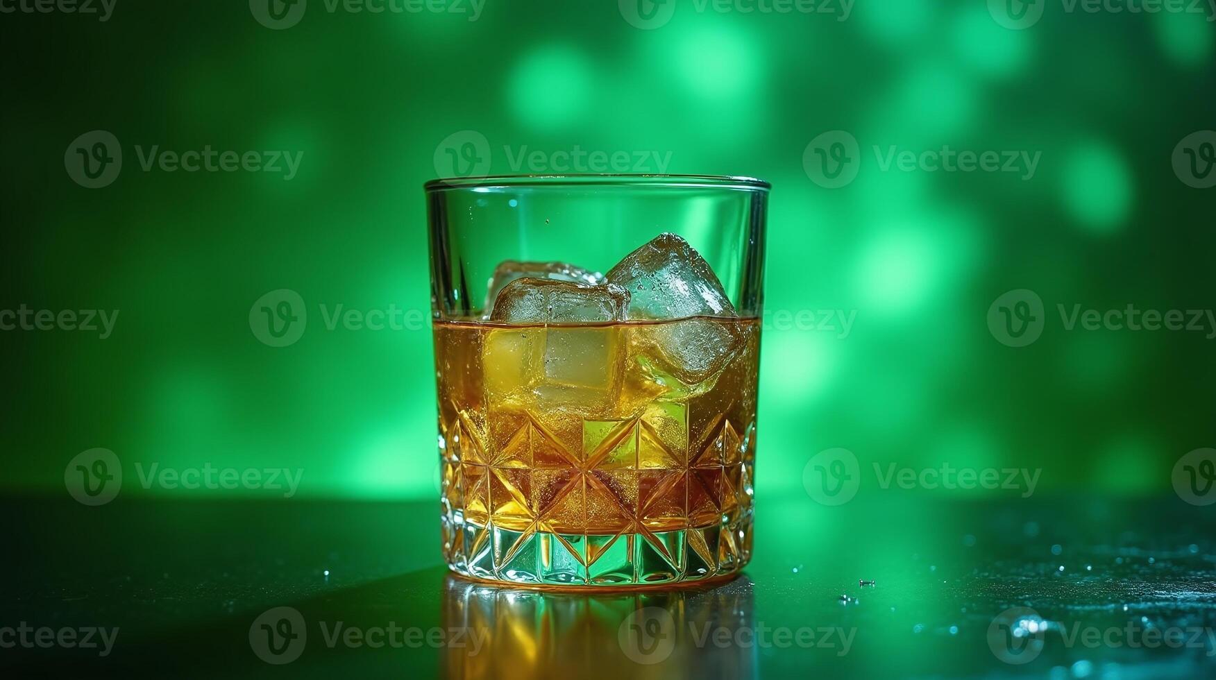 A textured glass filled with amber liquid and ice cubes, set against a vibrant green backdrop. photo