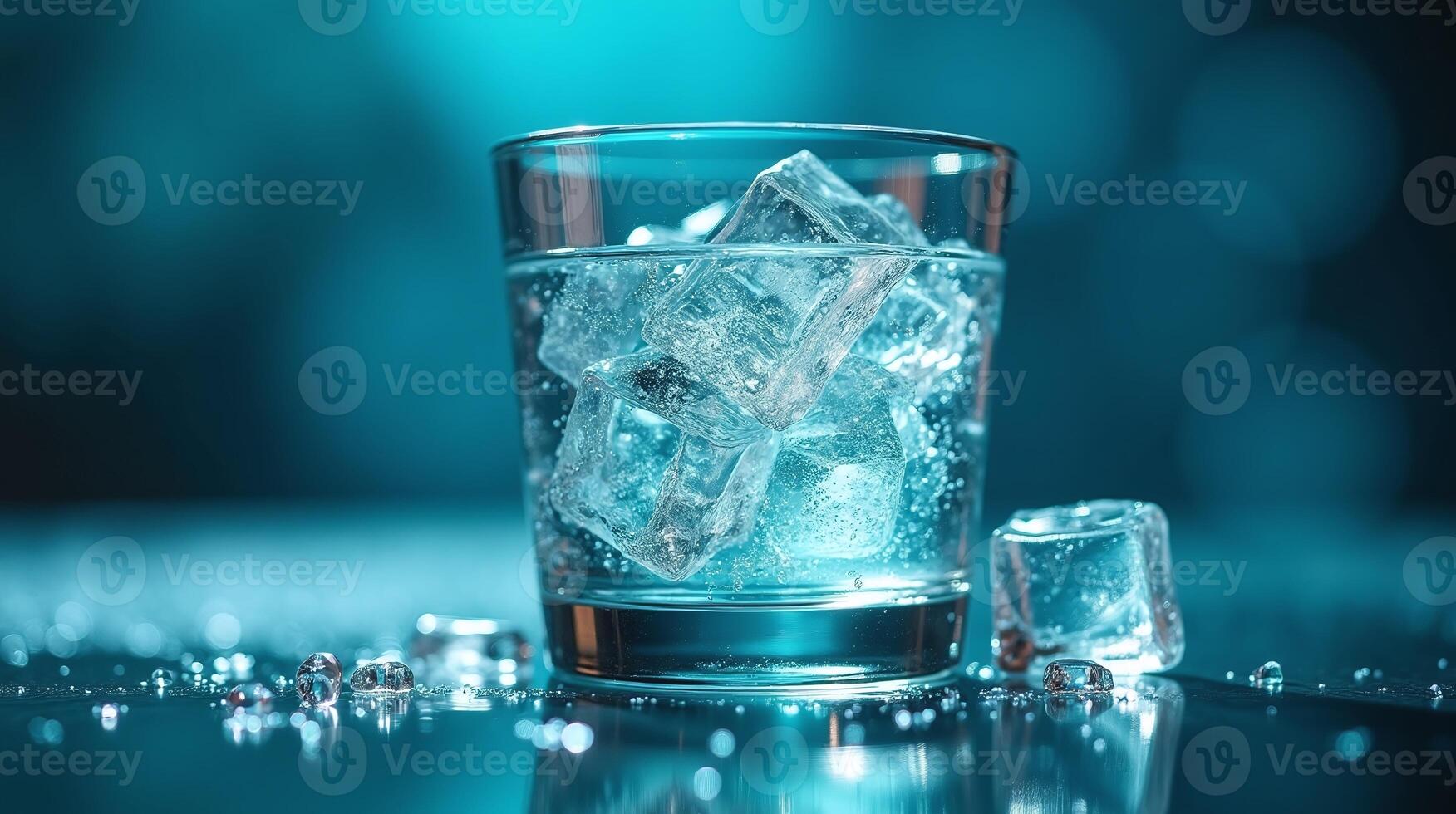 A glass of water with ice cubes against a blurred blue background. photo