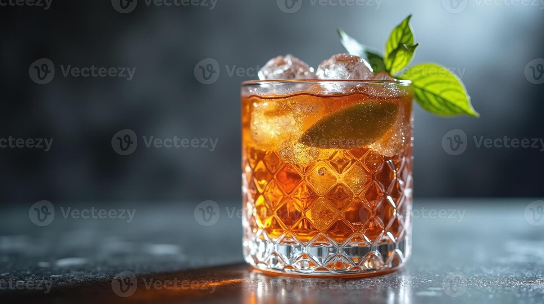 An elegant cocktail in a glass with ice and a green leaf. photo