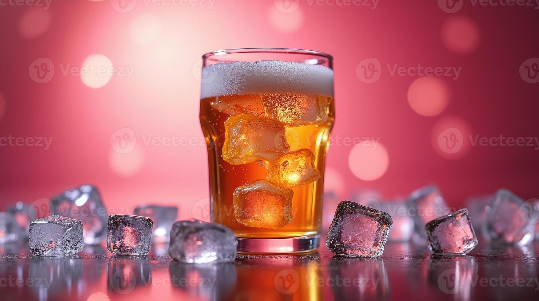A glass filled with amber liquid and ice by a blurred, bokeh-lit background. photo
