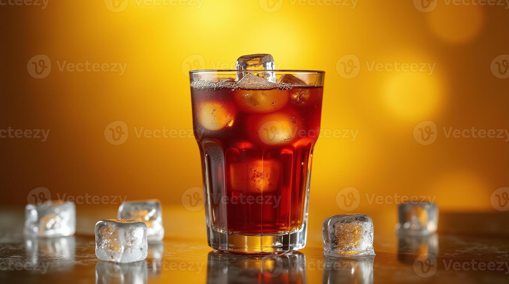A glass filled with a dark beverage adorned with ice cubes. photo
