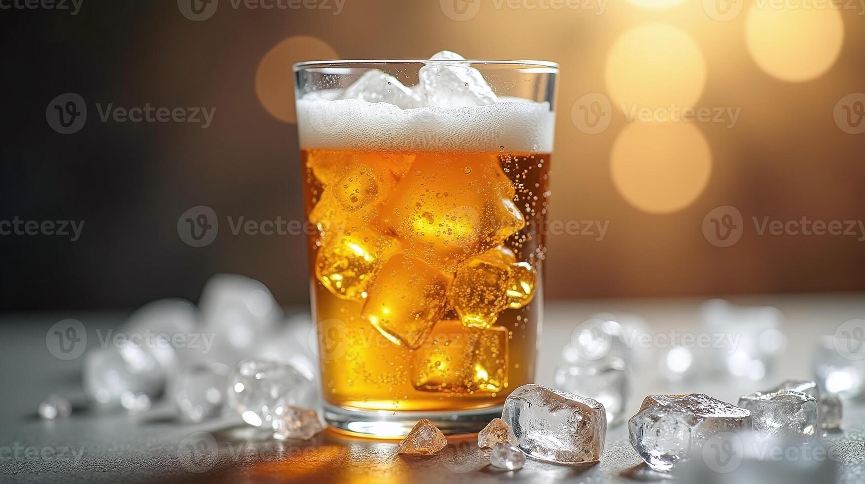A glass of beer with ice, set against a warm, bokeh-lit background. photo