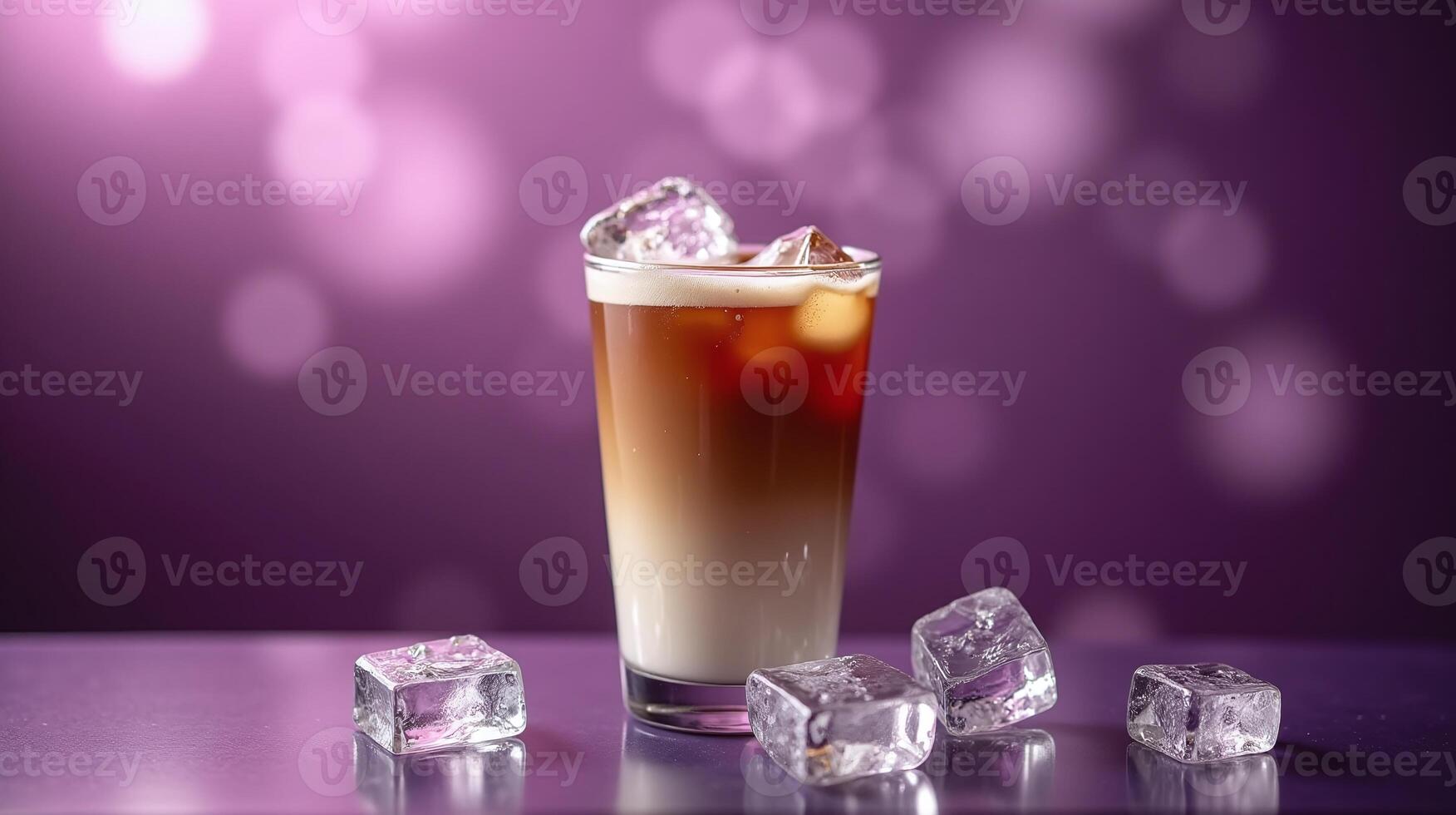 Cold beverage with ice cubes, set against a blurred, vivid purple background. photo