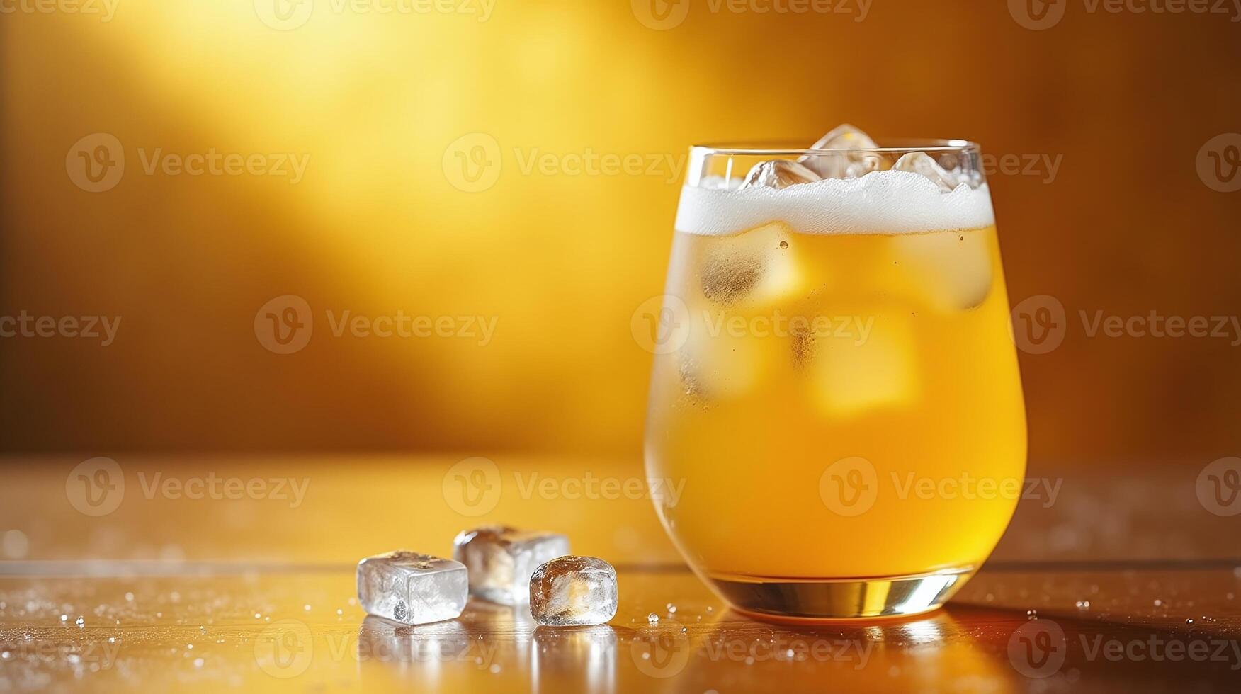 A refreshing beverage in a glass with ice cubes on a golden background. photo