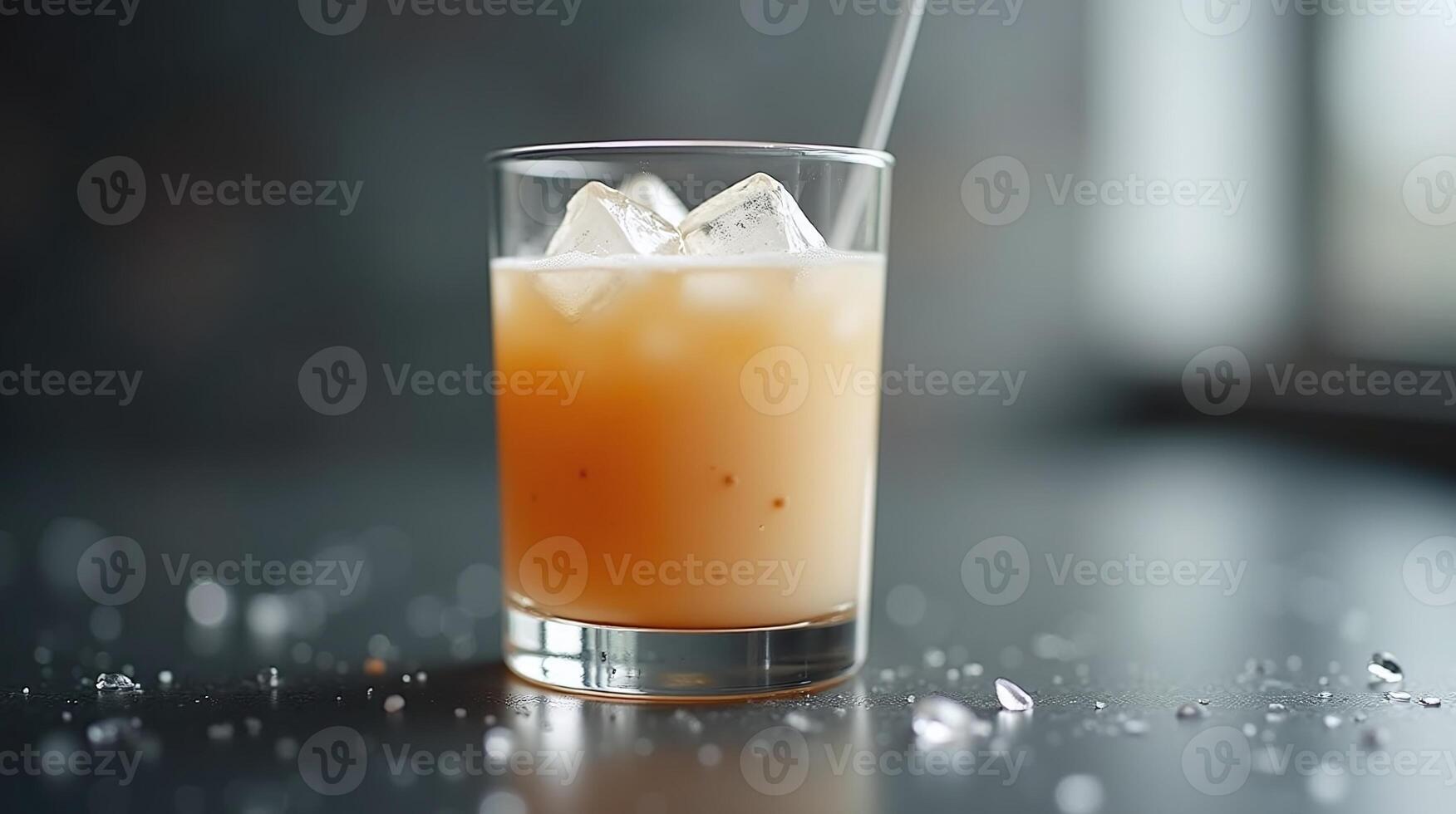 A glass of refreshing orange juice with ice cubes and a straw. photo