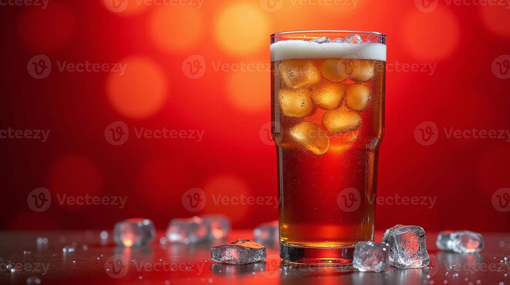 A glass of frothy beverage adorned with ice cubes. photo