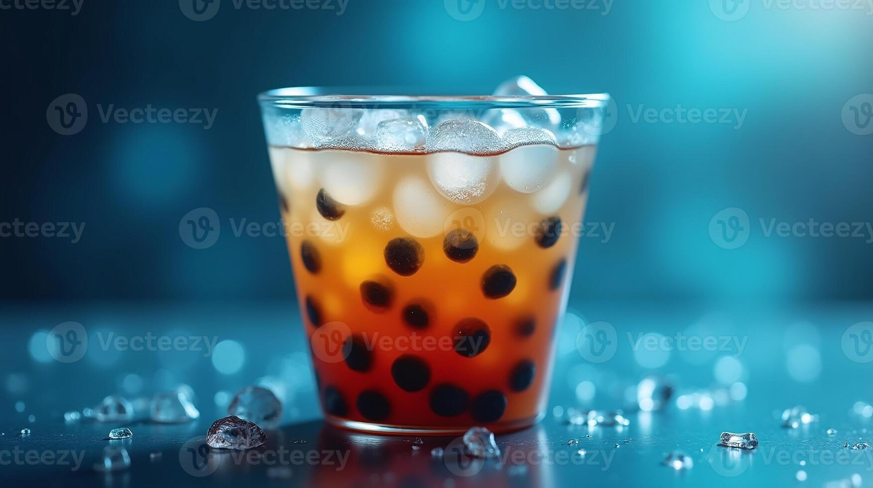 A glass filled with a refreshing beverage, containing ice and Boba pearls, rests upon a table, with a blurred background. photo