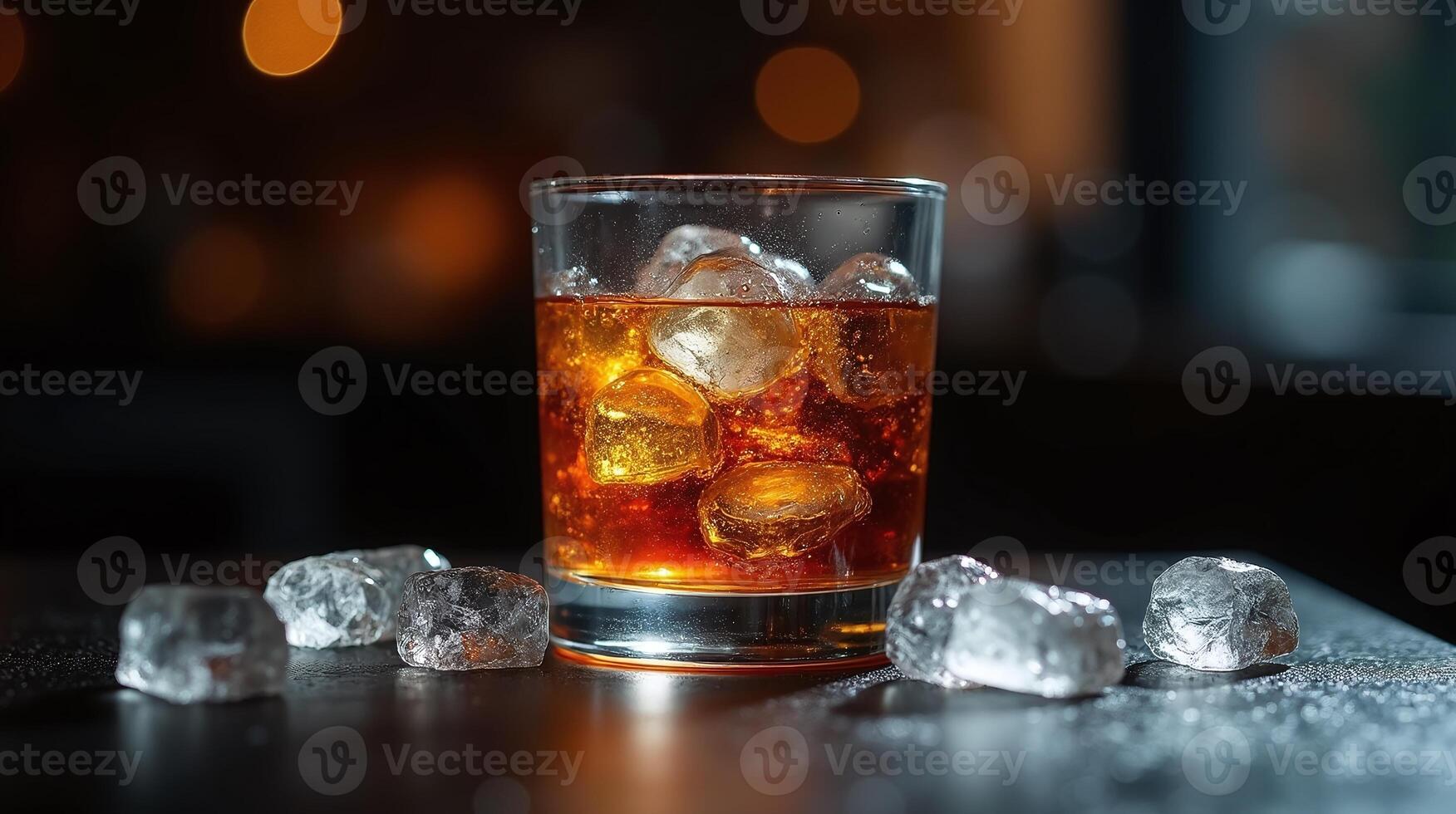 A glass of amber-hued beverage, with ice cubes, stands on a dark surface. photo