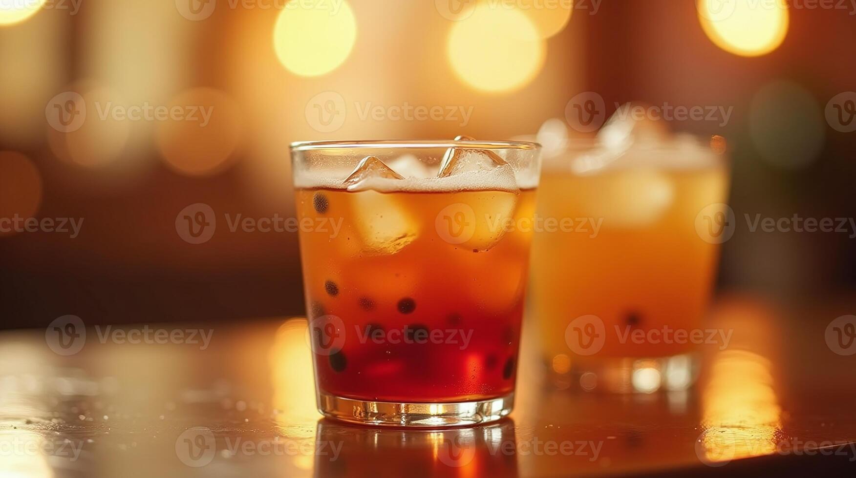 Two elegant glasses filled with a refreshing beverage, garnished with ice cubes and small dark berries, stand on a polished table against a softly blurred background illuminated by warm photo