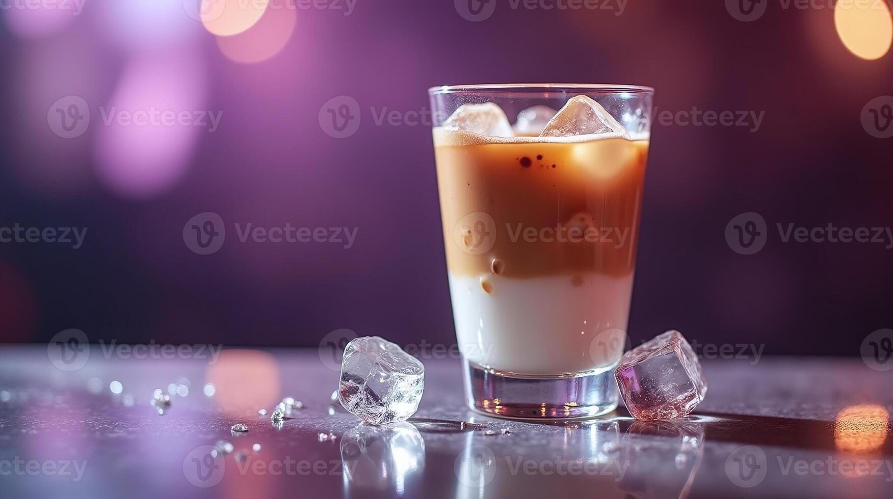 A glass of iced coffee sits elegantly on a reflective surface. photo