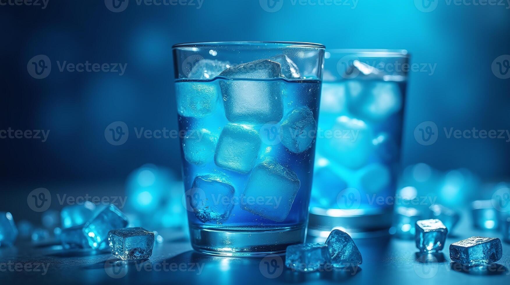 Crystal-clear ice cubes in refreshing blue liquid. photo