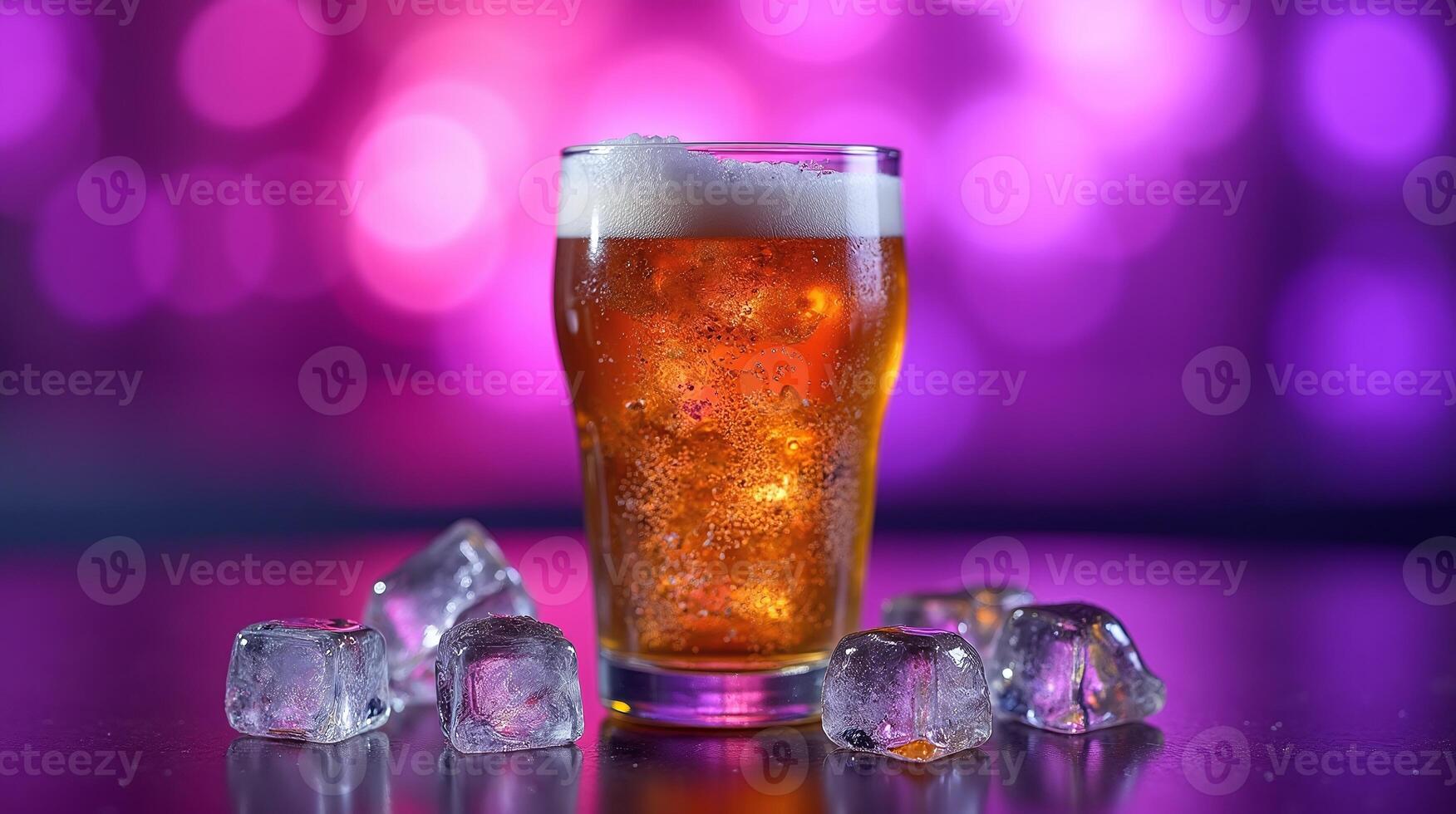 Cold, refreshing beer with ice cubes against a vibrant, bokeh background. photo