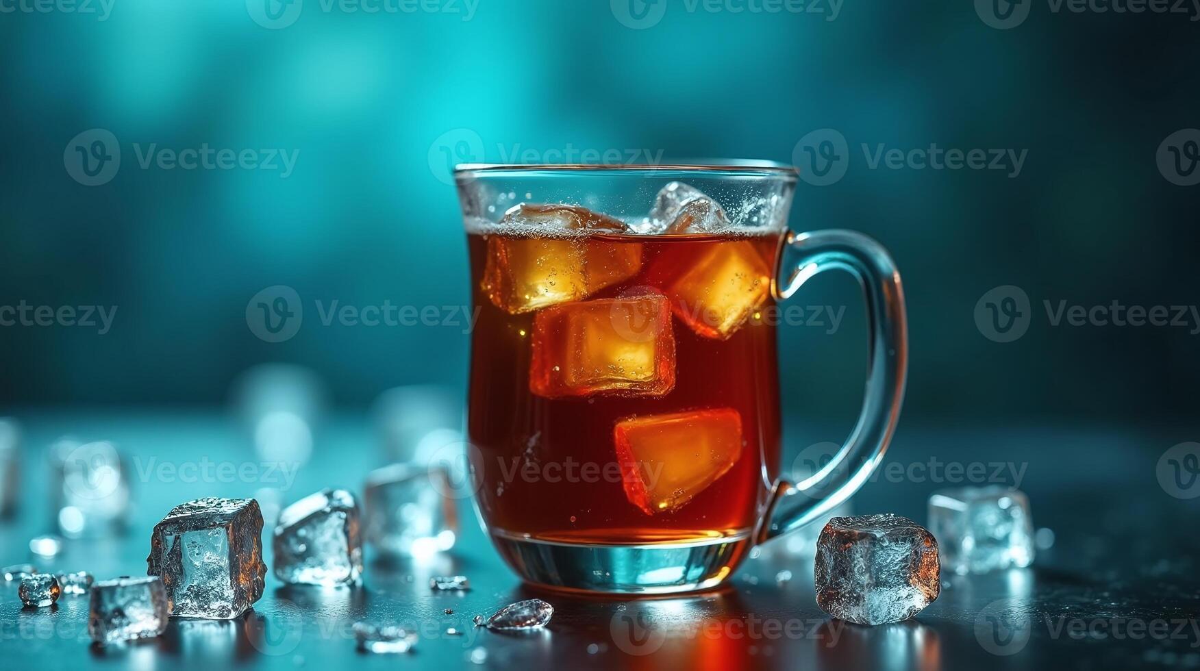 A captivating beverage, garnished with ice cubes, exudes an inviting ambiance. photo