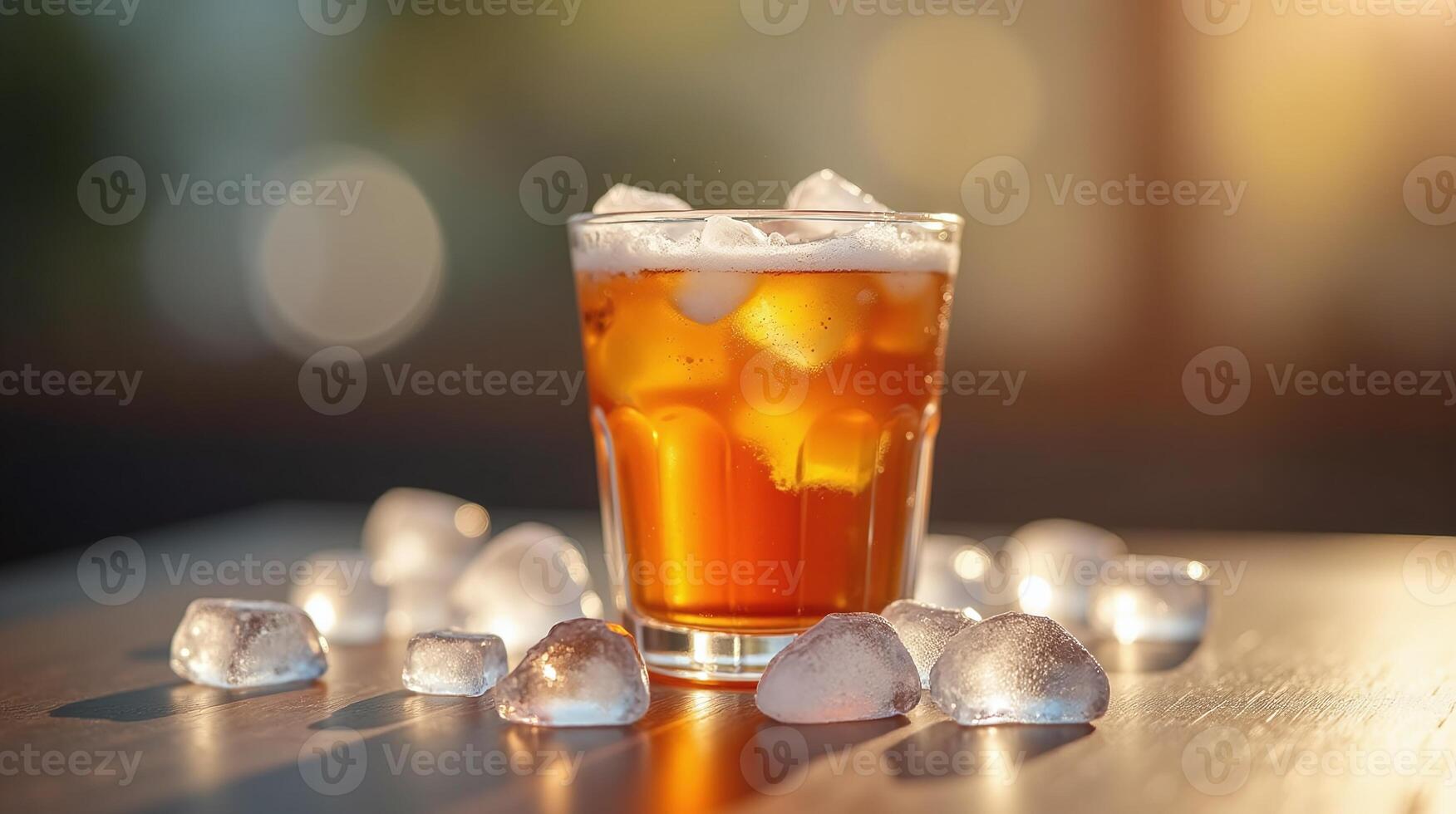 A glass of amber-colored beverage surrounded by ice cubes. photo