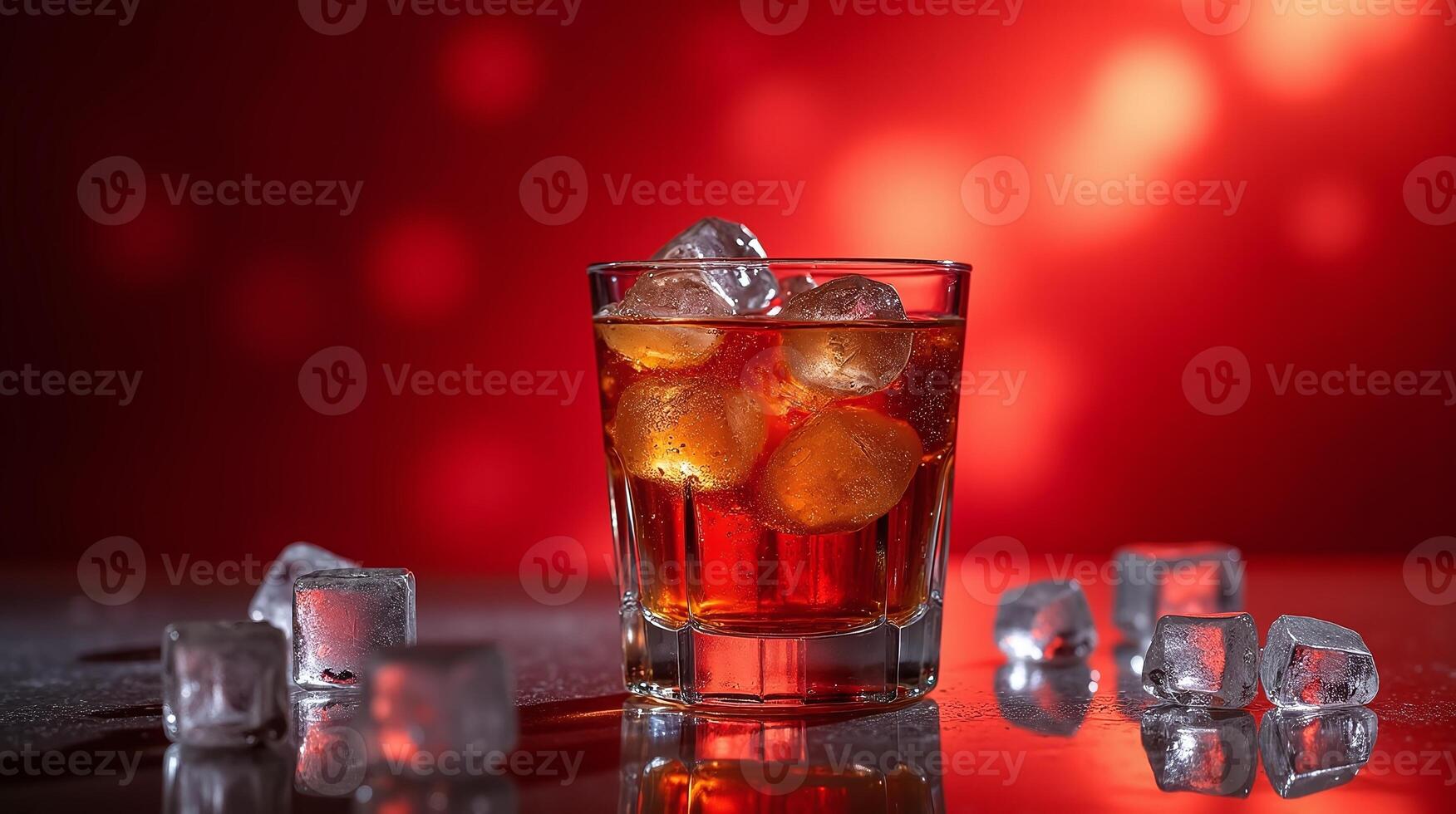 A transparent glass filled with ice cubes containing a reddish-brown liquid with a deep red illuminated background with scattered ice cubes. photo