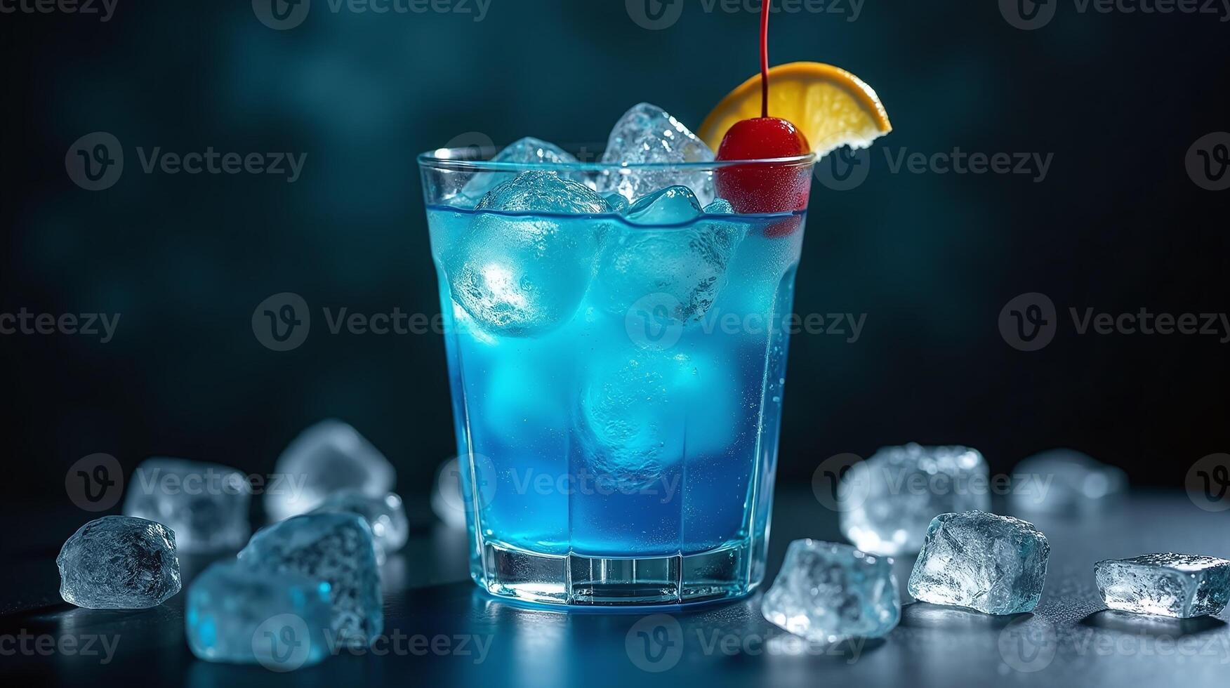 Blue cocktail with ice, garnish, and background illumination. photo