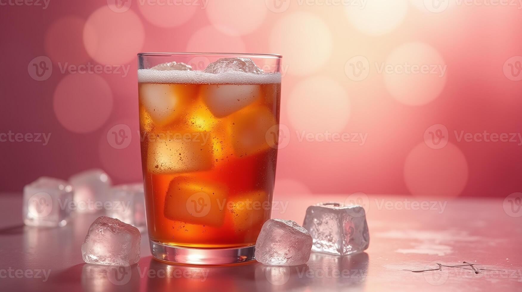 Glass of refreshing iced tea with ice cubes, set against a bokeh background. photo