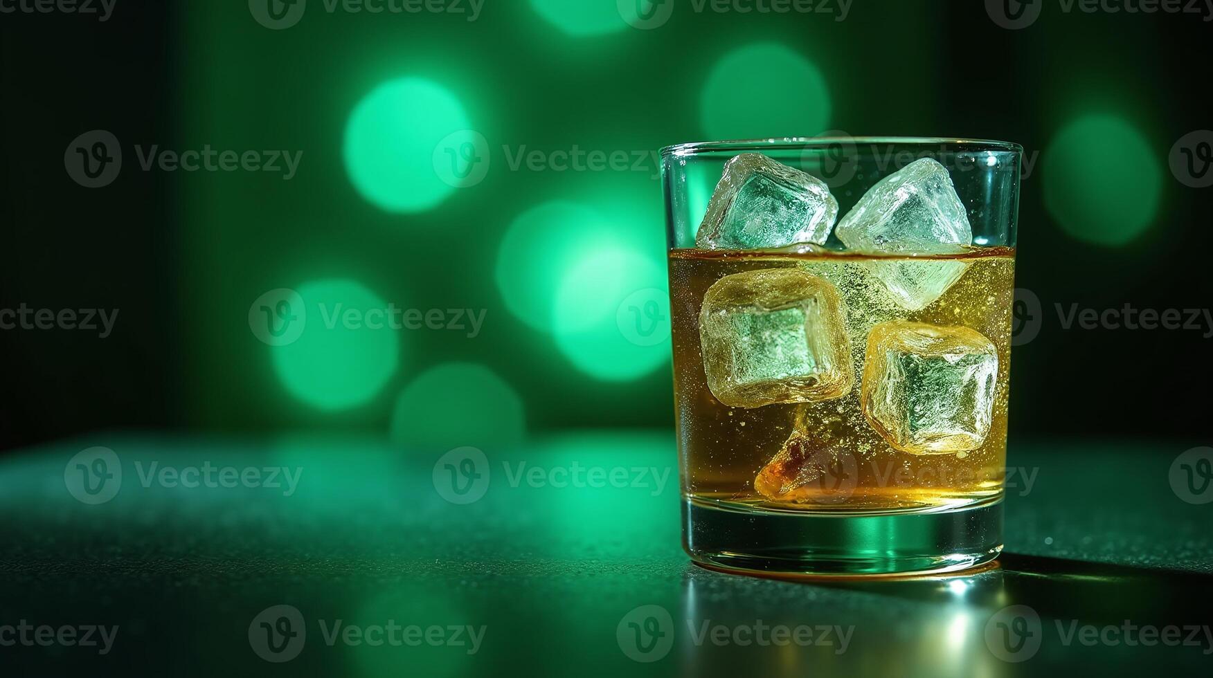 A glass of amber liquid with ice cubes against a bokeh-green backdrop. photo