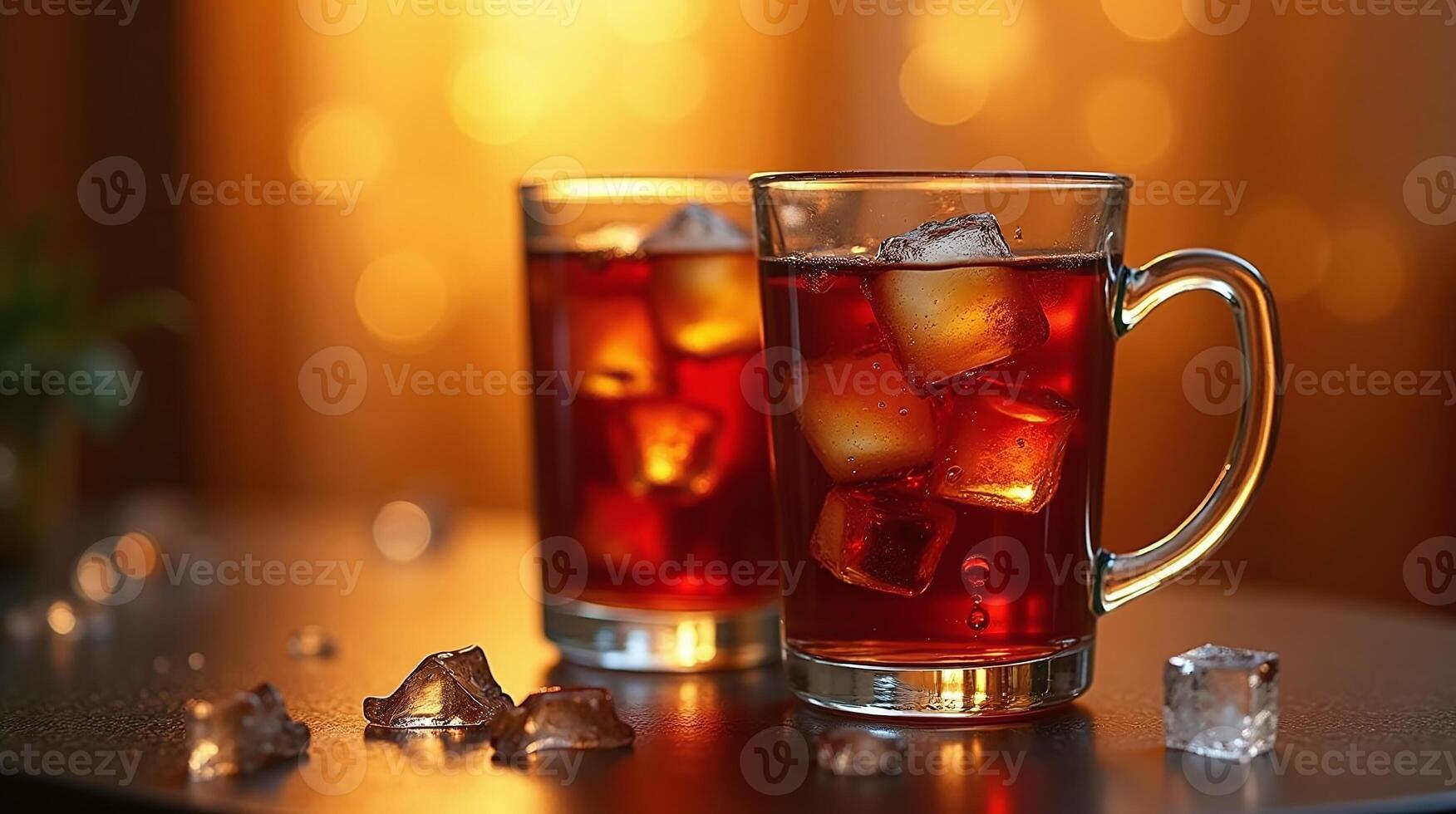 Two transparent glasses filled with red liquid, containing ice cubes, set against a warm, bokeh-lit backdrop. photo