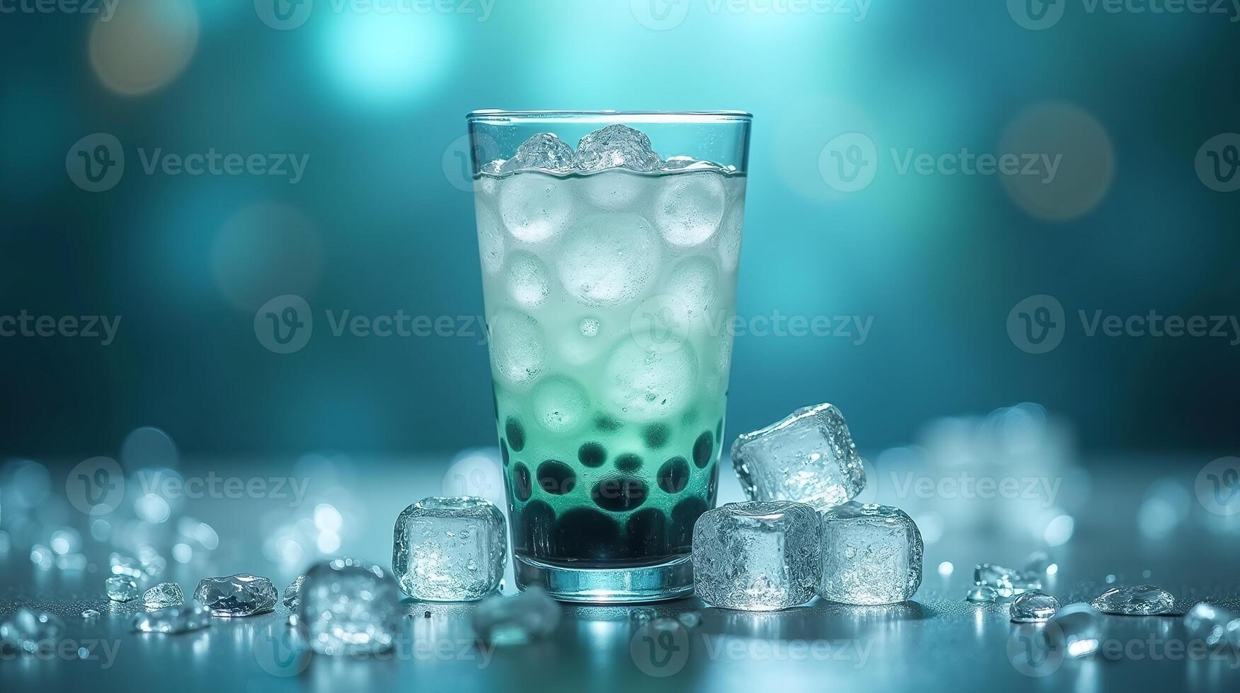 Tantalizing close-up of a refreshing beverage with ice cubes, expertly captured. photo
