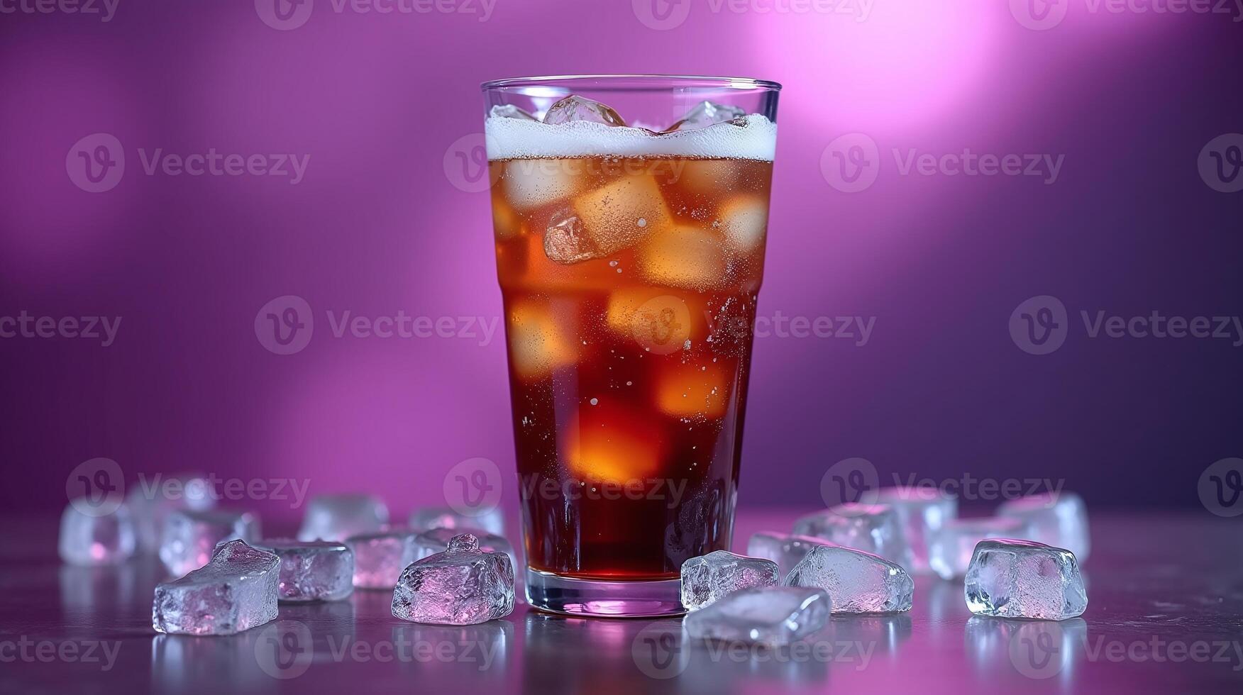 Glass of dark soda with ice cubes, illuminated by soft lighting. photo