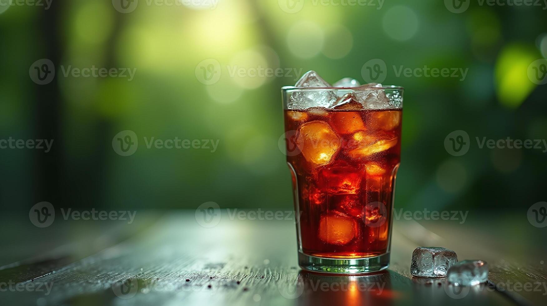 A refreshing beverage in a glass with ice, set against a serene green backdrop. photo