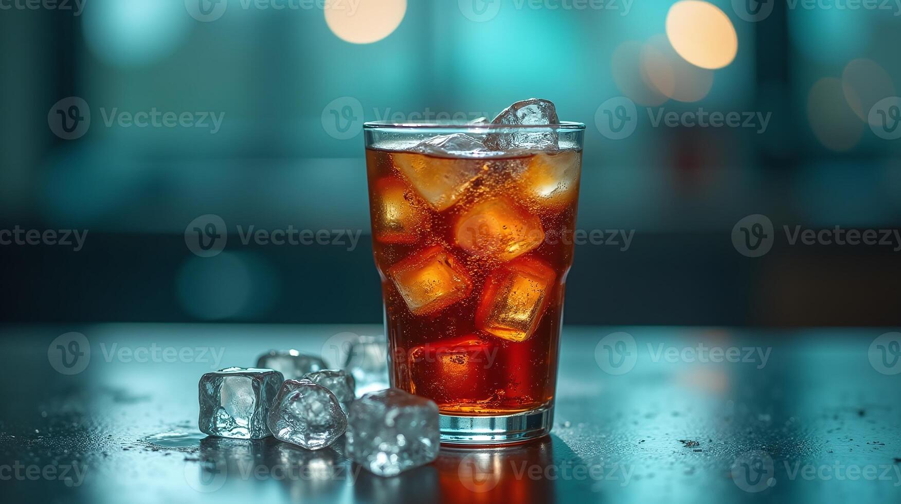 A refreshing glass of dark soda with ice cubes on a table. photo