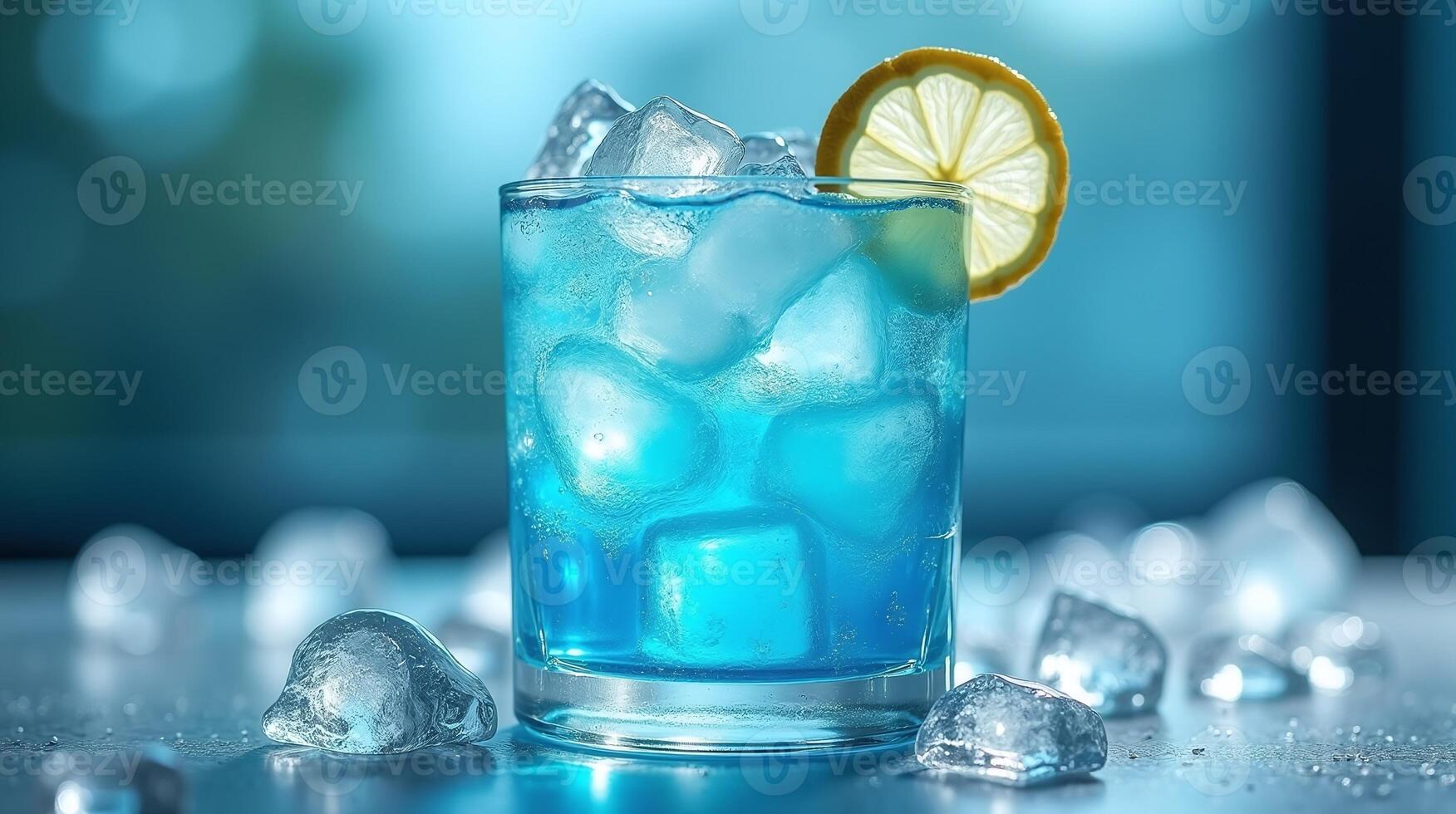 A vibrant blue cocktail with ice and a lemon slice. photo