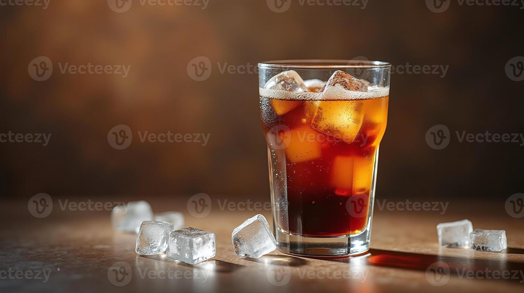 A glass filled with a dark, bubbly beverage, ice cubes, and a frothy head. photo