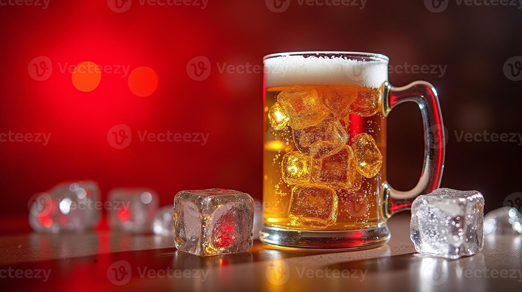 A glass mug filled with beer, accompanied by ice cubes, against a vivid red background. photo