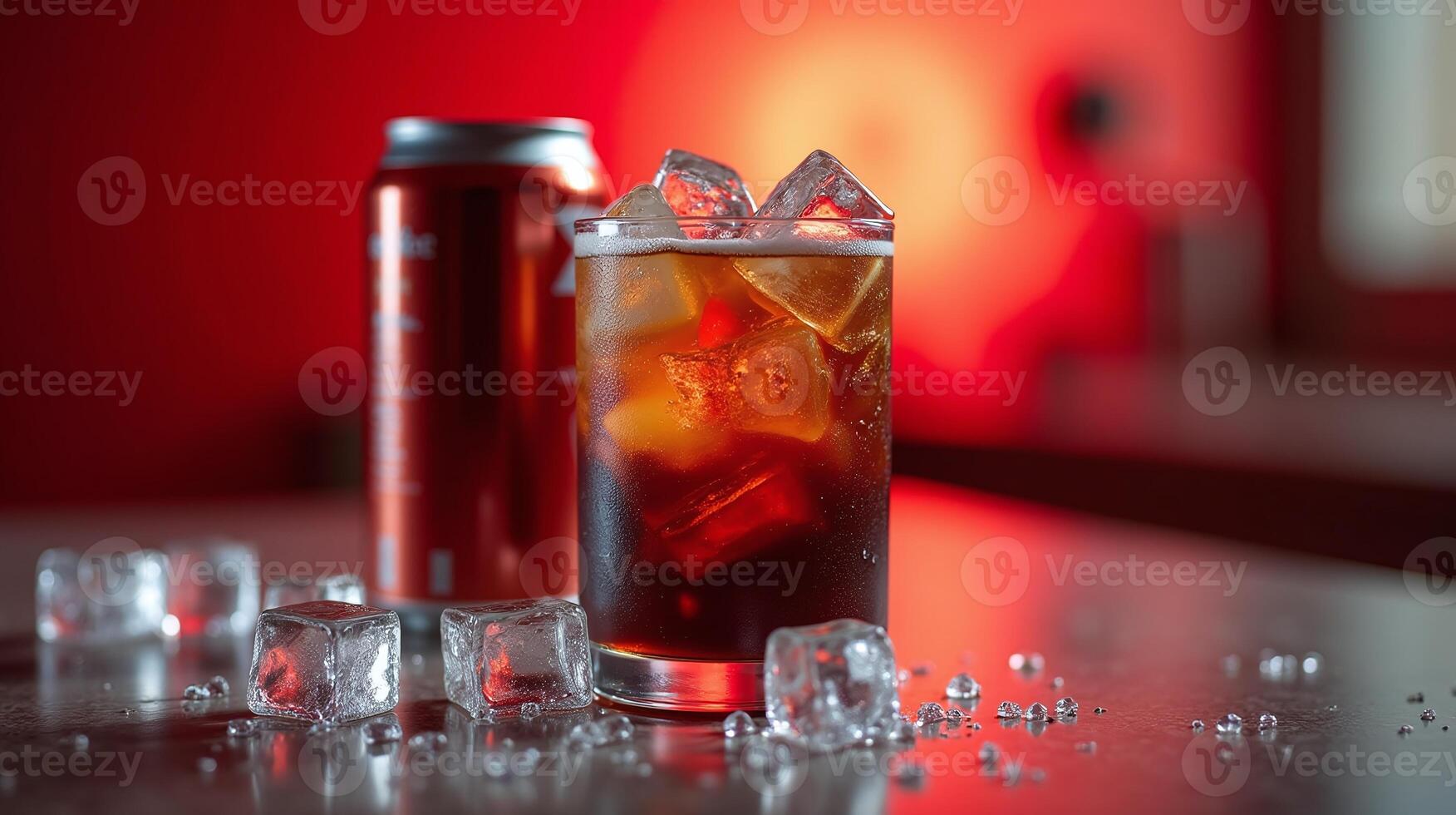 A glass of soda, ice, and a soda can on a table. photo