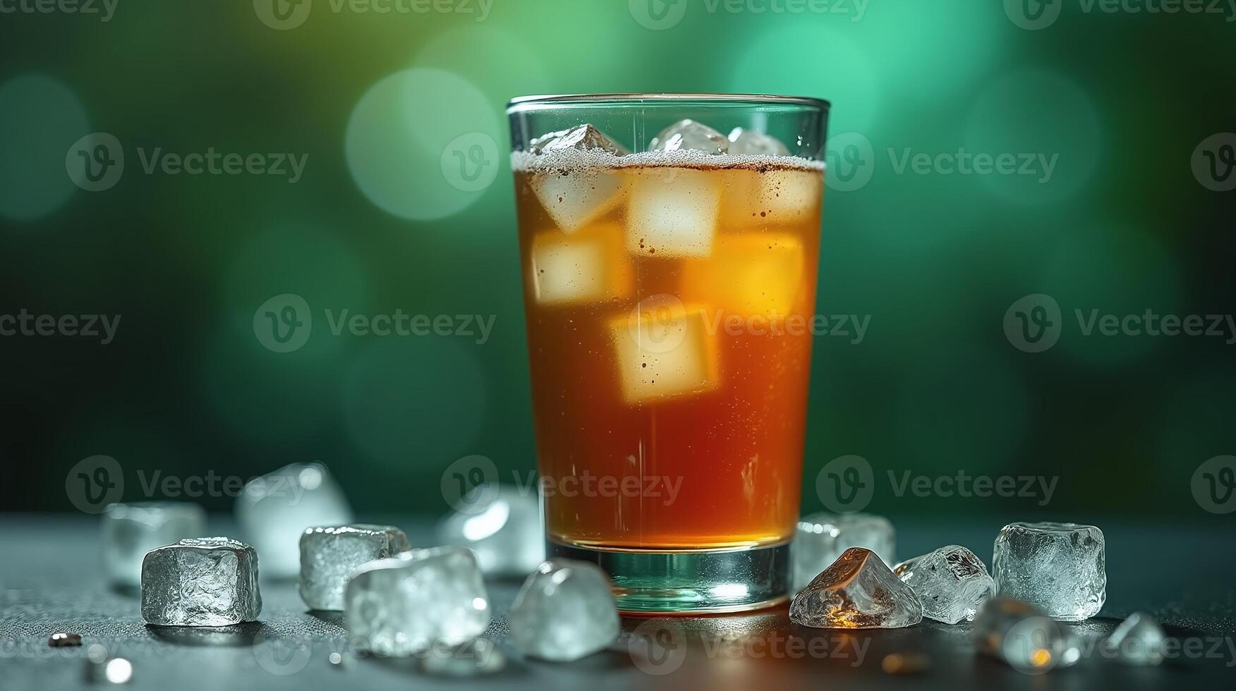 A chilled glass of amber-colored beverage with ice cubes against a blurred green backdrop. photo