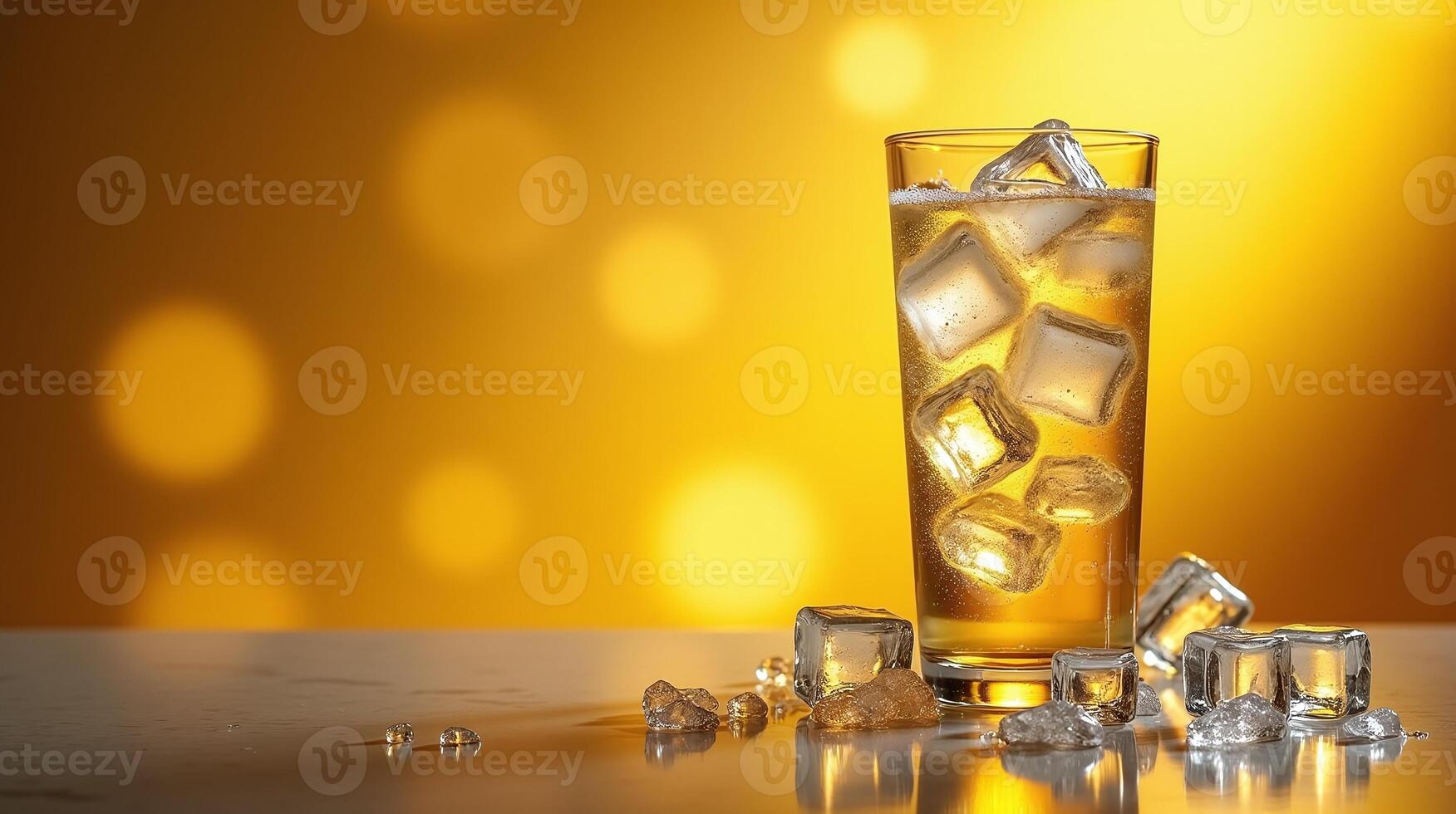 A glass filled with ice and a beverage, set against a golden background with scattered ice cubes. photo