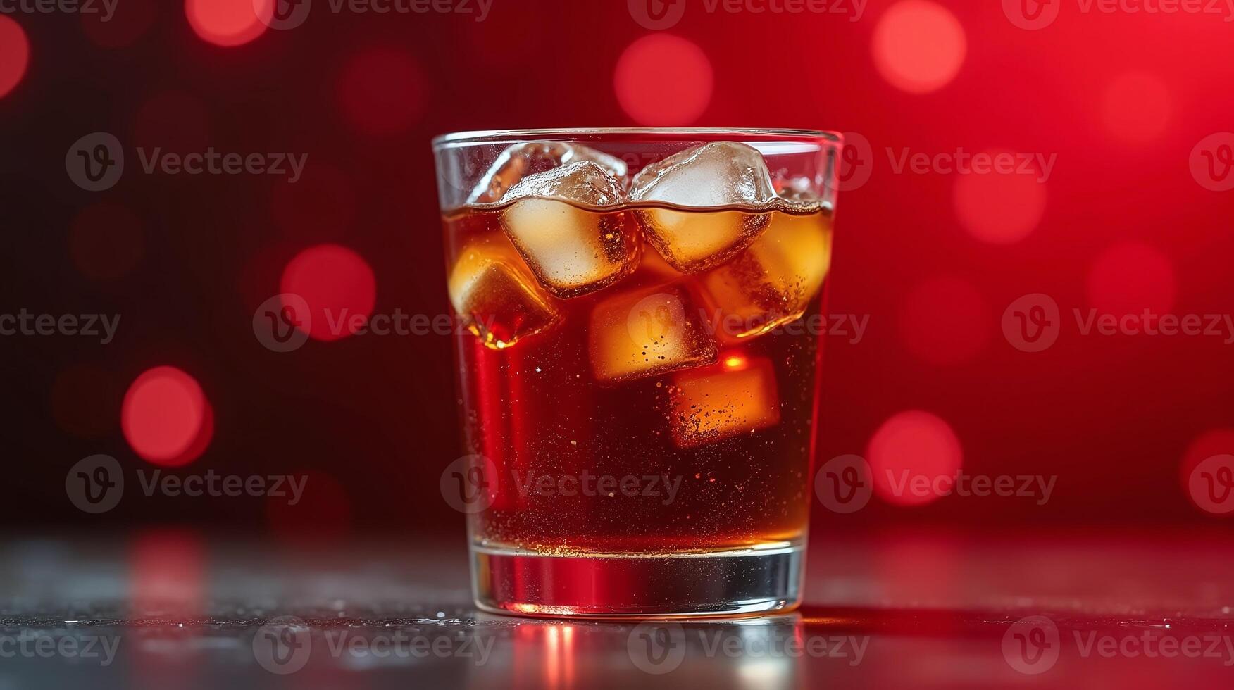 A glass of ice-cold beverage against a vibrant, blurred red background. photo